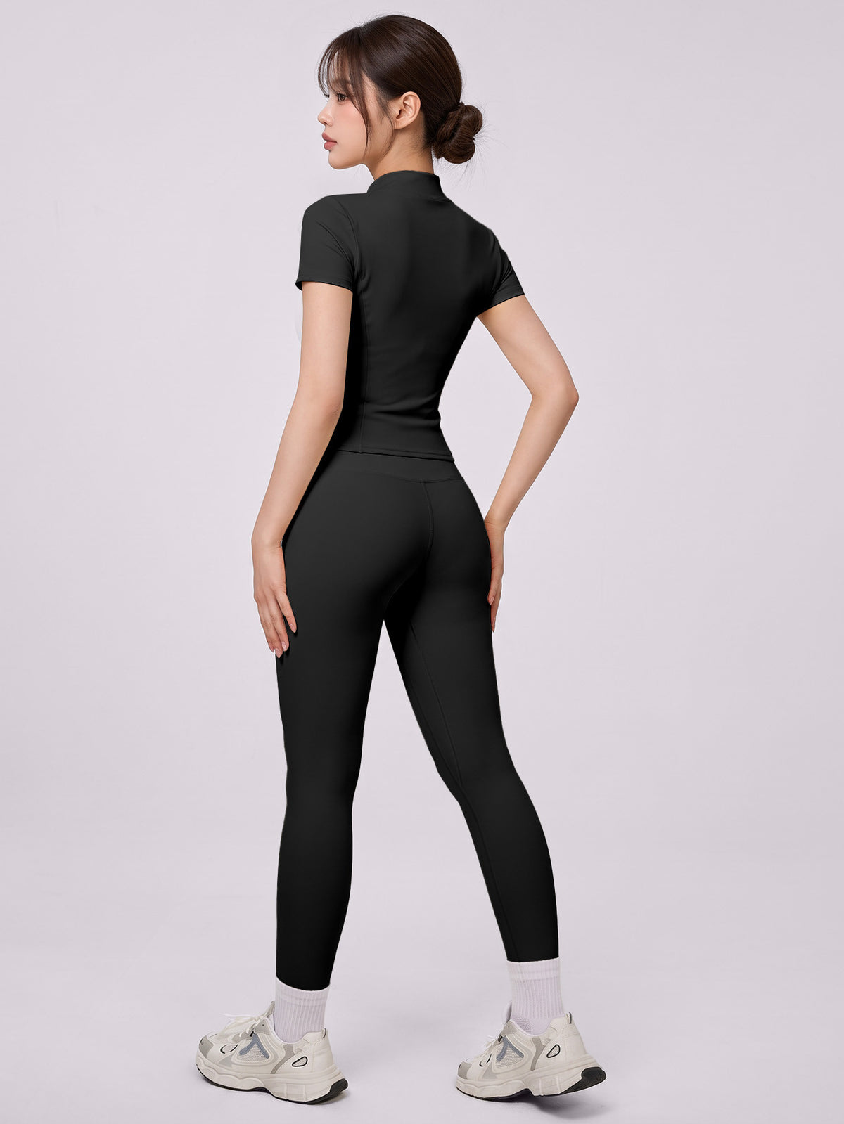 Short Sleeve Zip Top & Leggings Set - Black