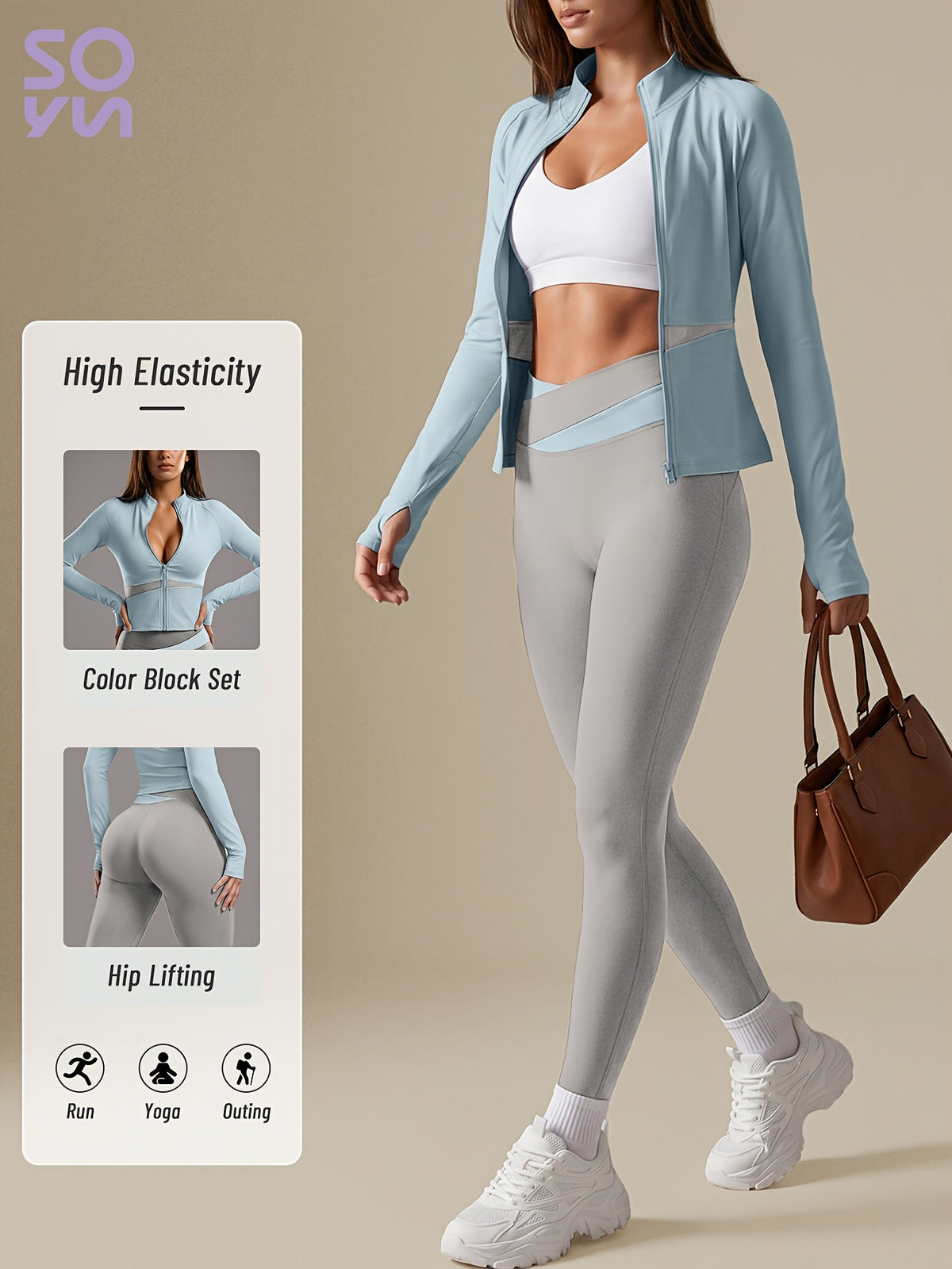Color Block Cardigan Jacket & Slim Pants Set - Light Blue & Light Grey