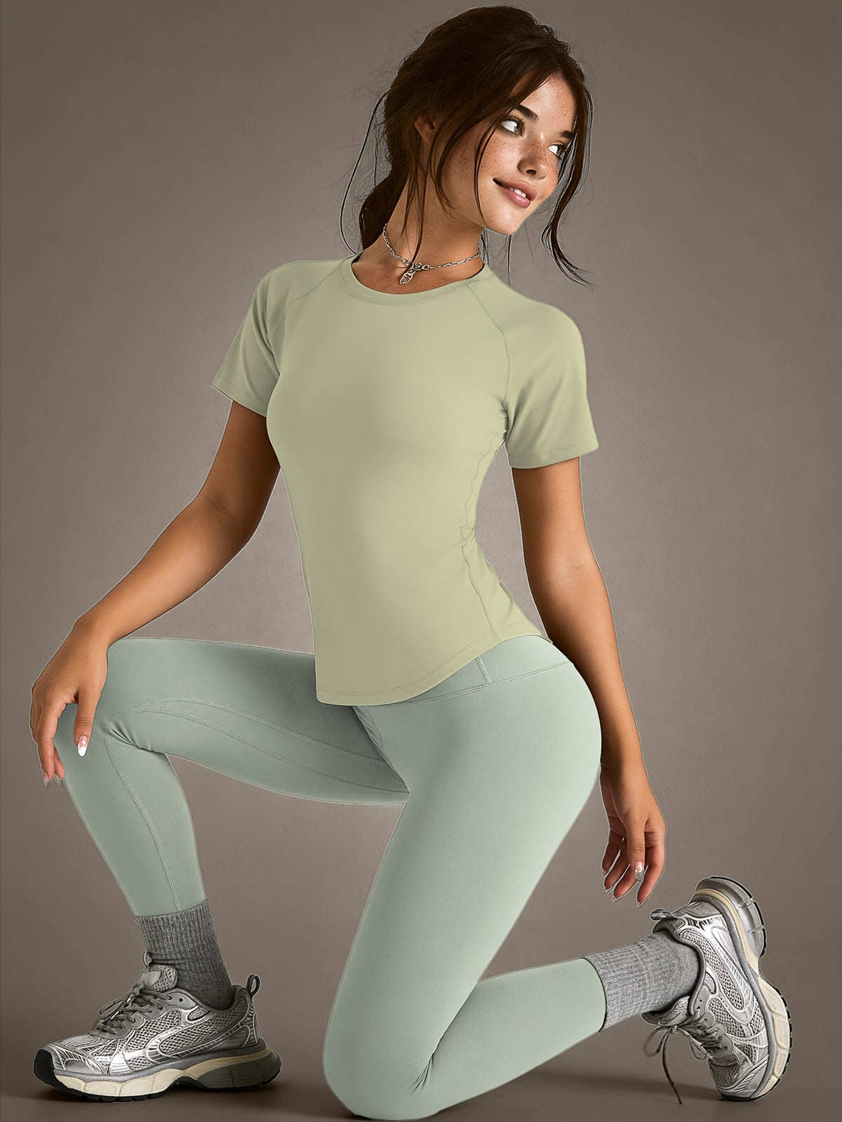 Mesh Cutout Tee & High Waist Leggings Set - Light Green & Yellow Green