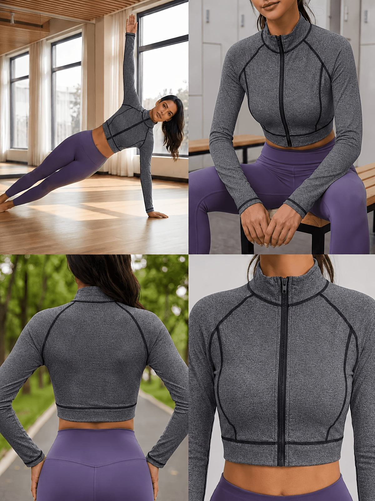 Contrast Stitch Cropped Zip Jacket - Charcoal