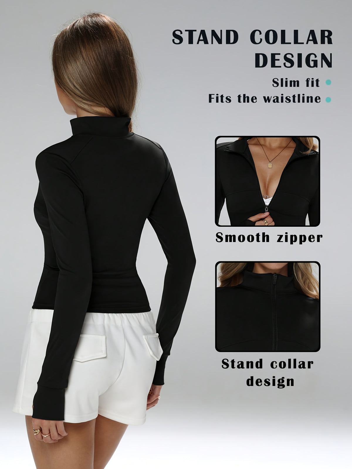Thumbhole Zip Up Jacket - Black