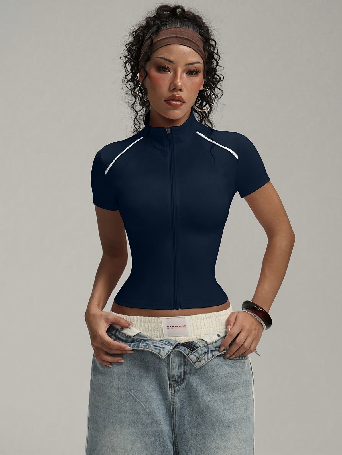 Short Sleeve Zip Top - Navy