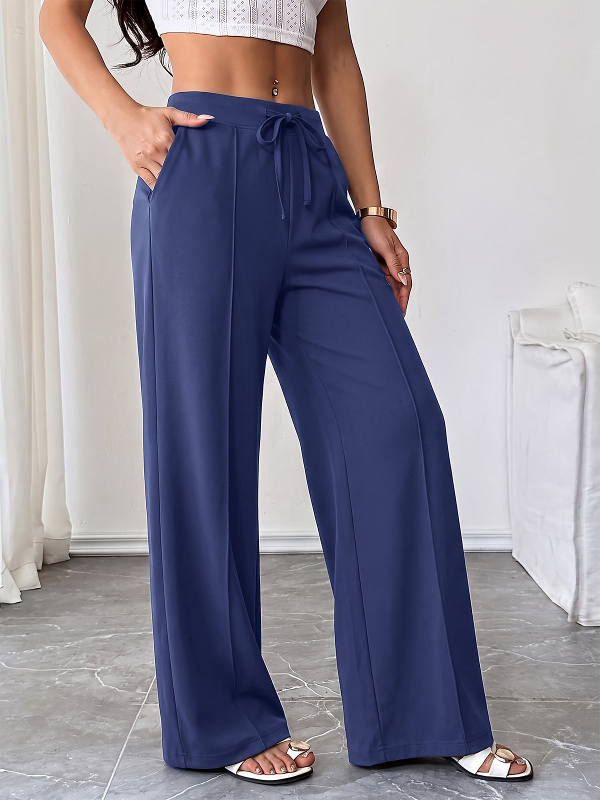 Drawstring Flowy Wide Leg Pants - Navy