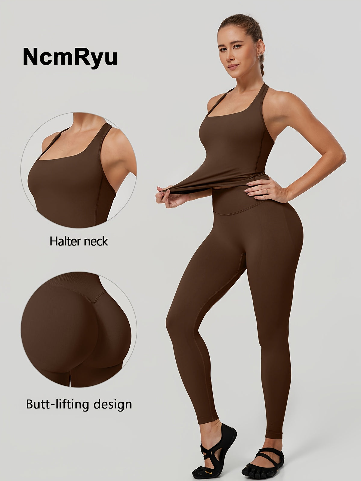 Square Neck Halter Tank & Leggings Set - Mocha Brown