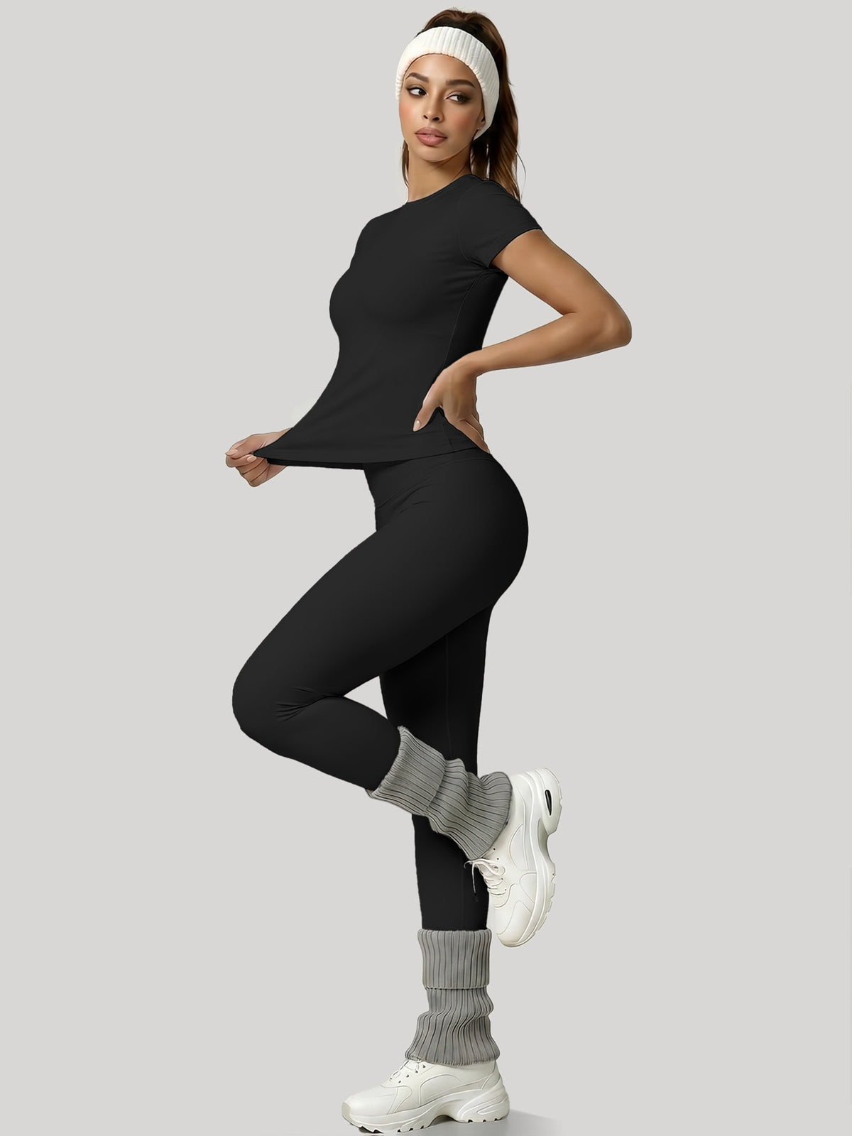 Round Neck Top & Tummy Tuck Leggings Set - Black