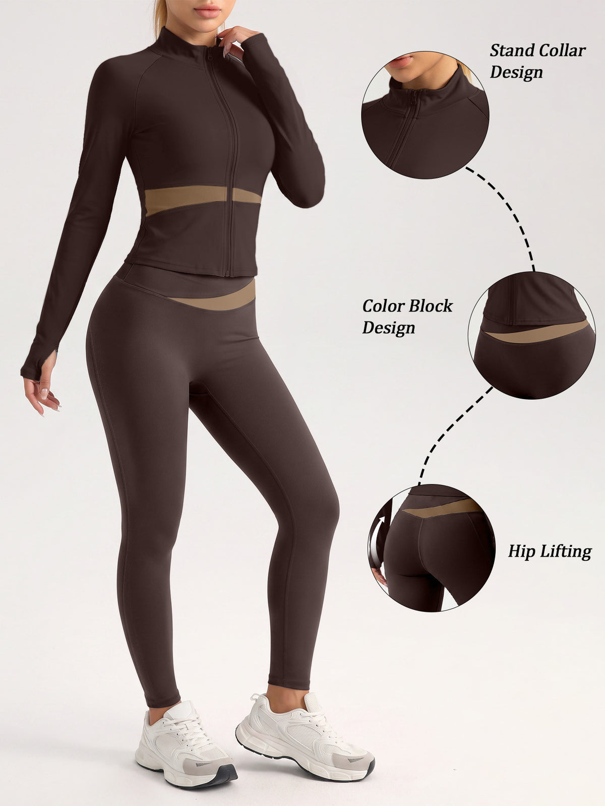 Contrast Zip Jacket & Lifting Leggings Set - Brown