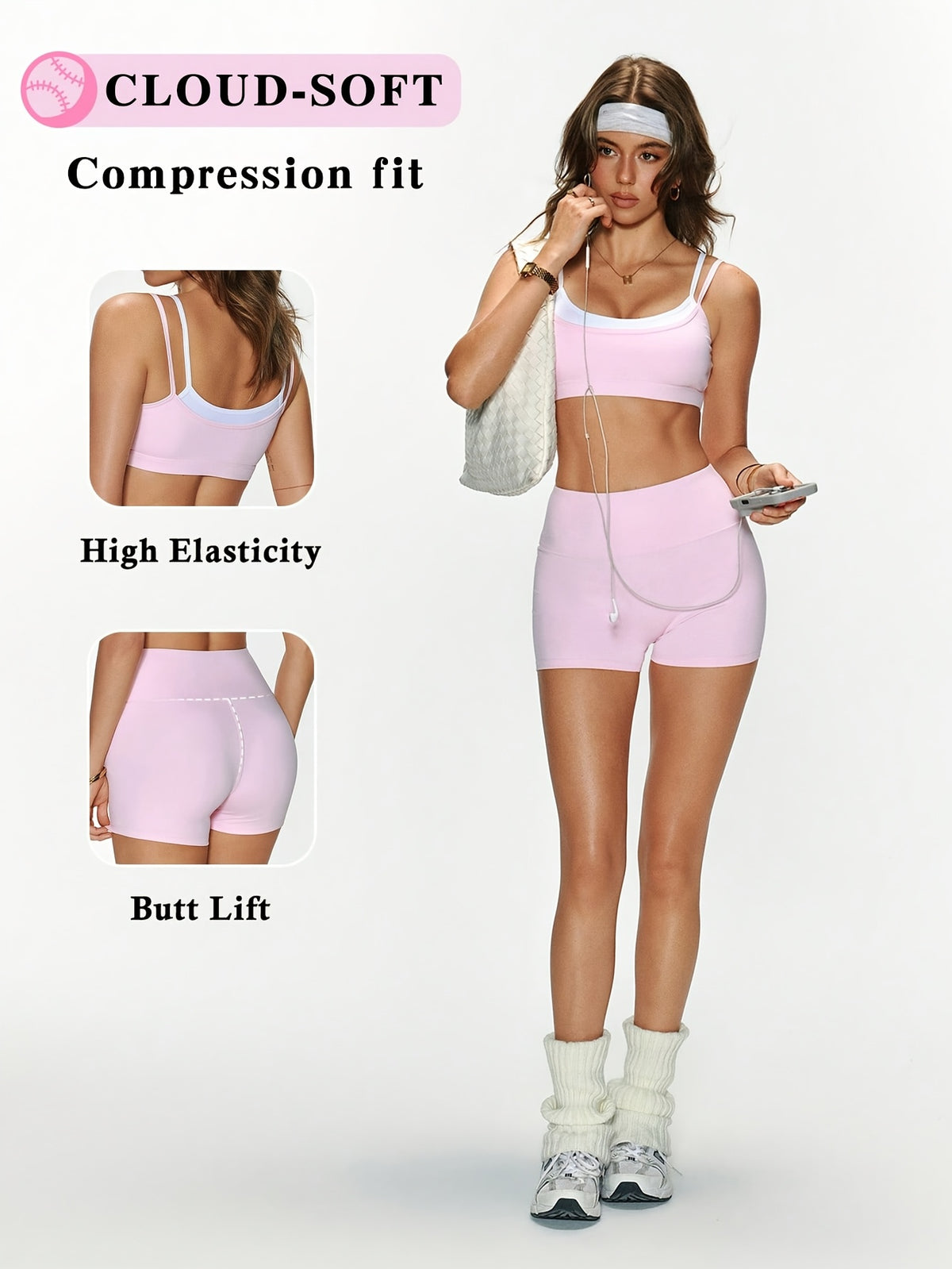 Contrast Strap Bra & Shorts Set - Pink