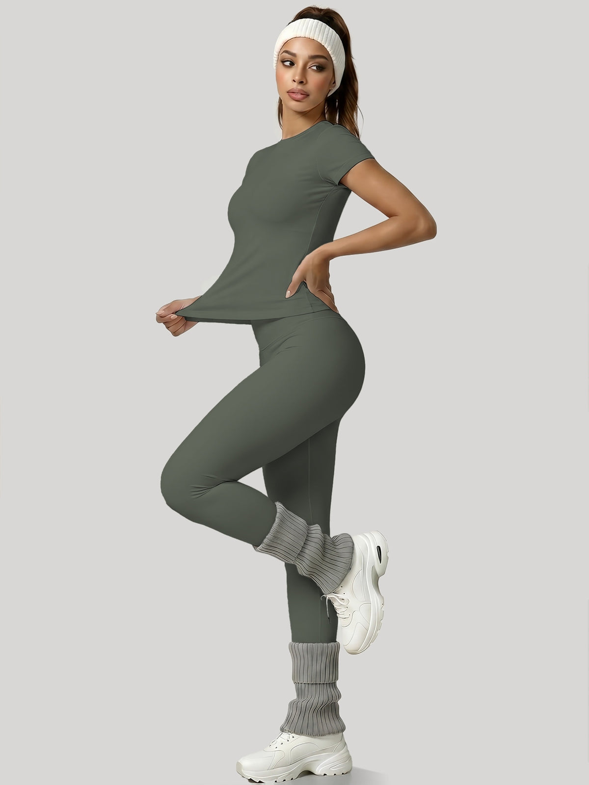 Round Neck Top & Tummy Tuck Leggings Set - Yellow Green