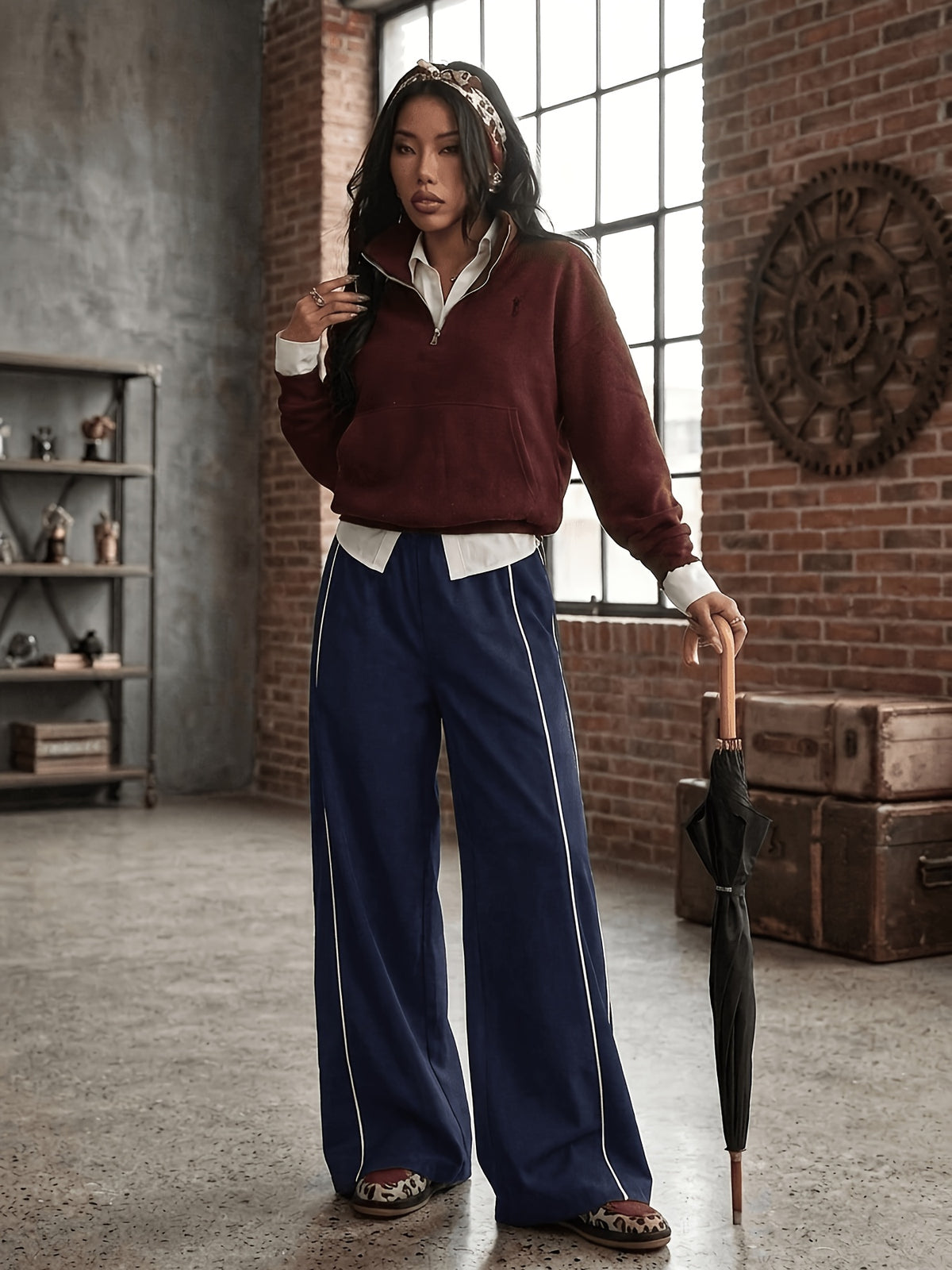 Side Stripe Wide Leg Pants - Navy