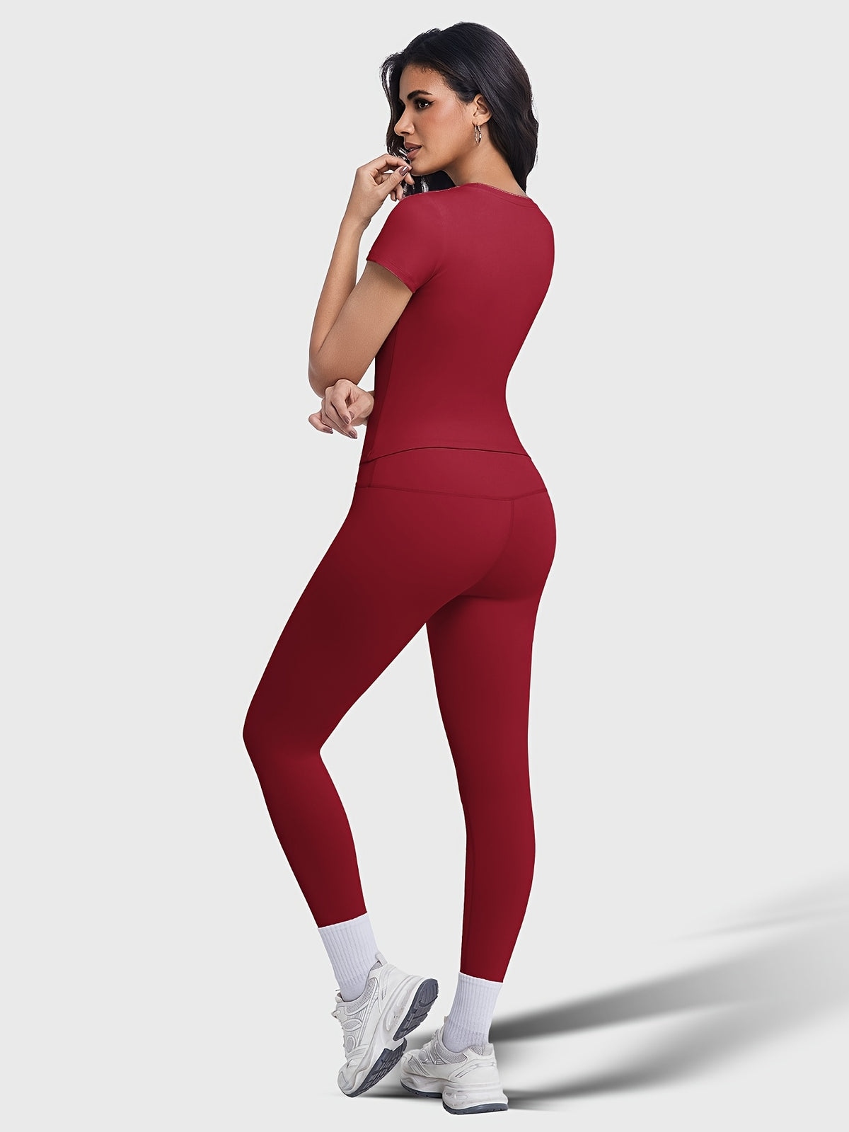 Crew Neck Tee & Leggings Set - Burgundy