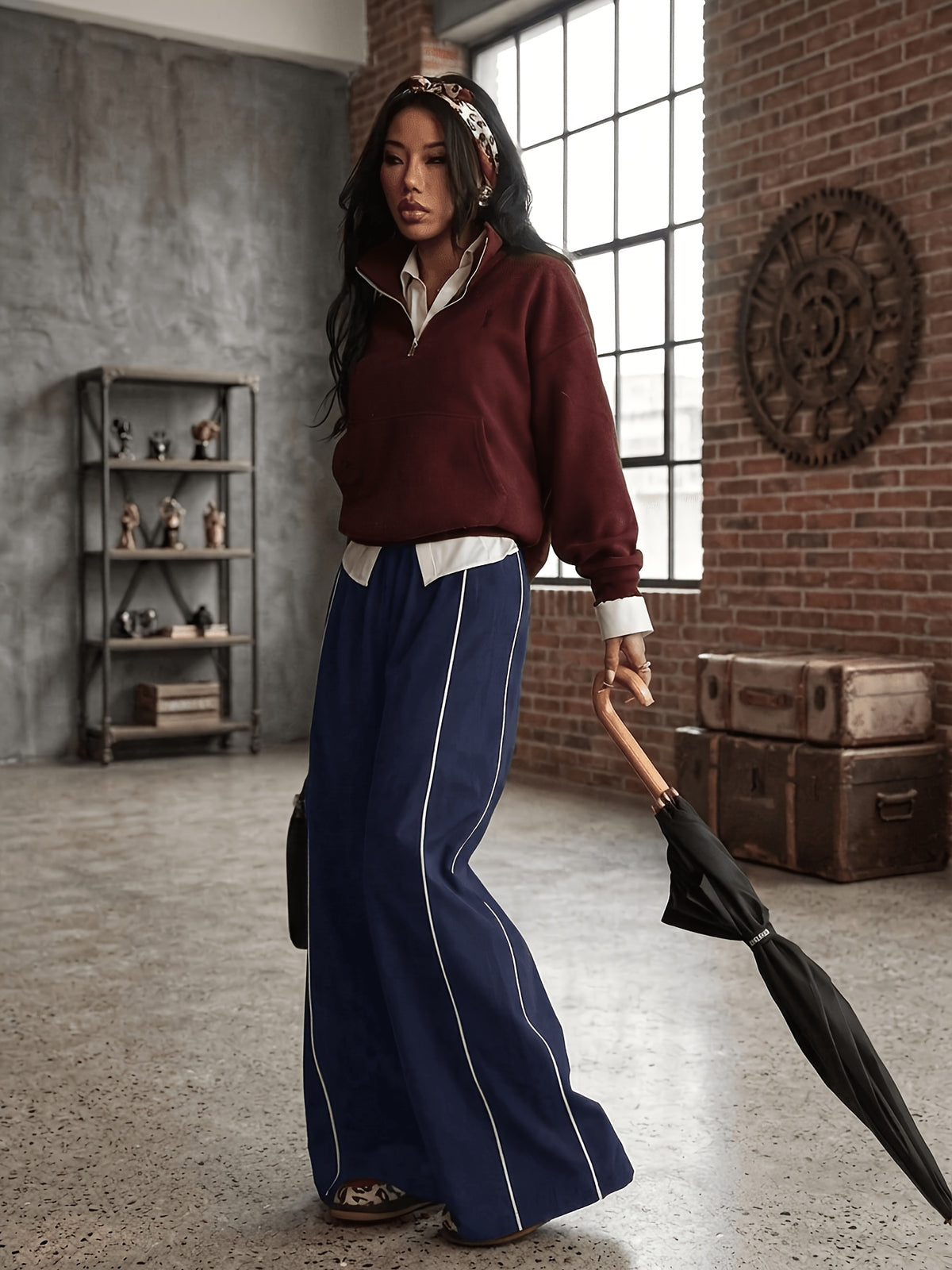 Side Stripe Wide Leg Pants - Navy