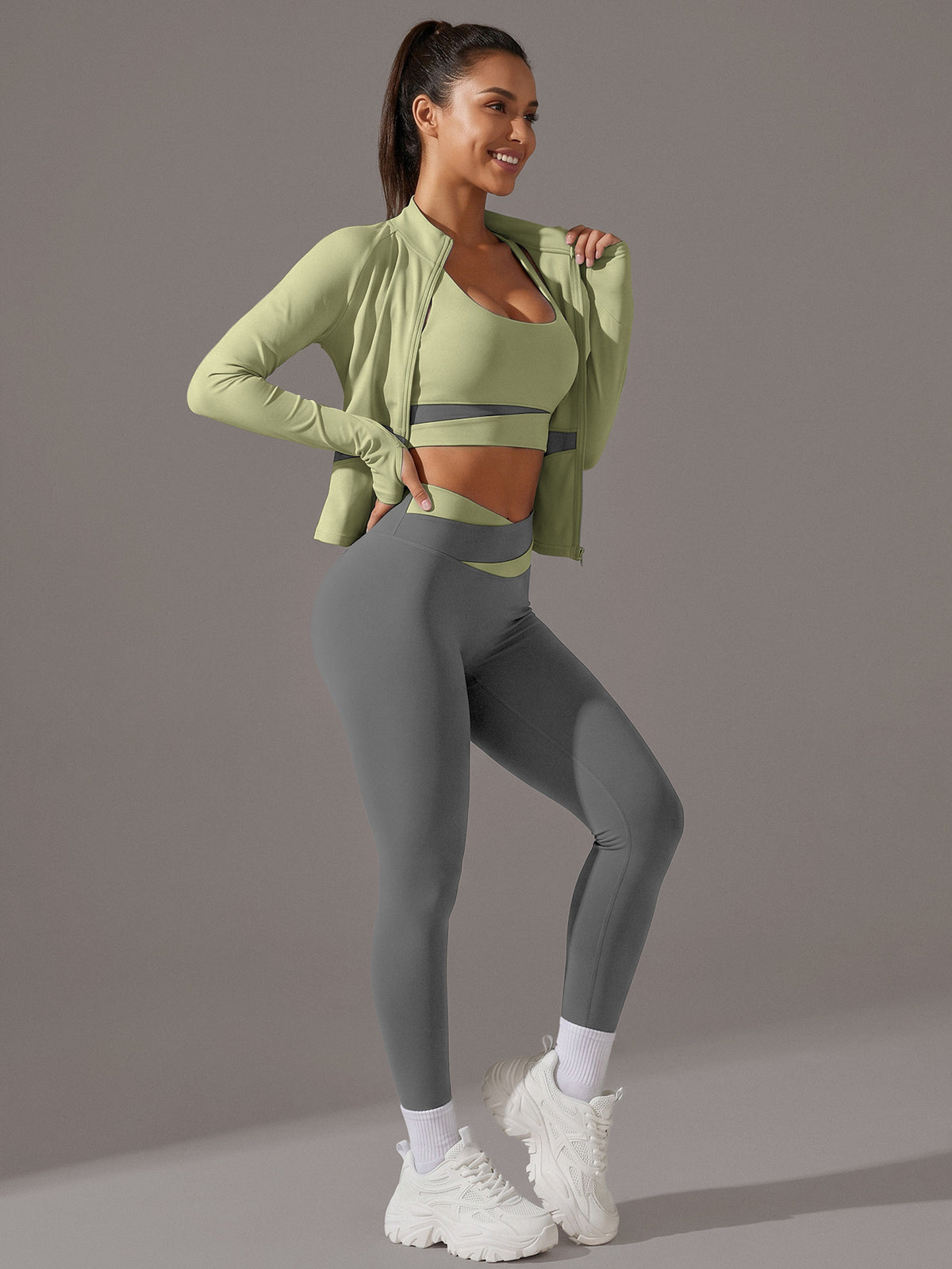 Colour Block Thumbhole Jacket 3 Piece Set - Light Green & Gray