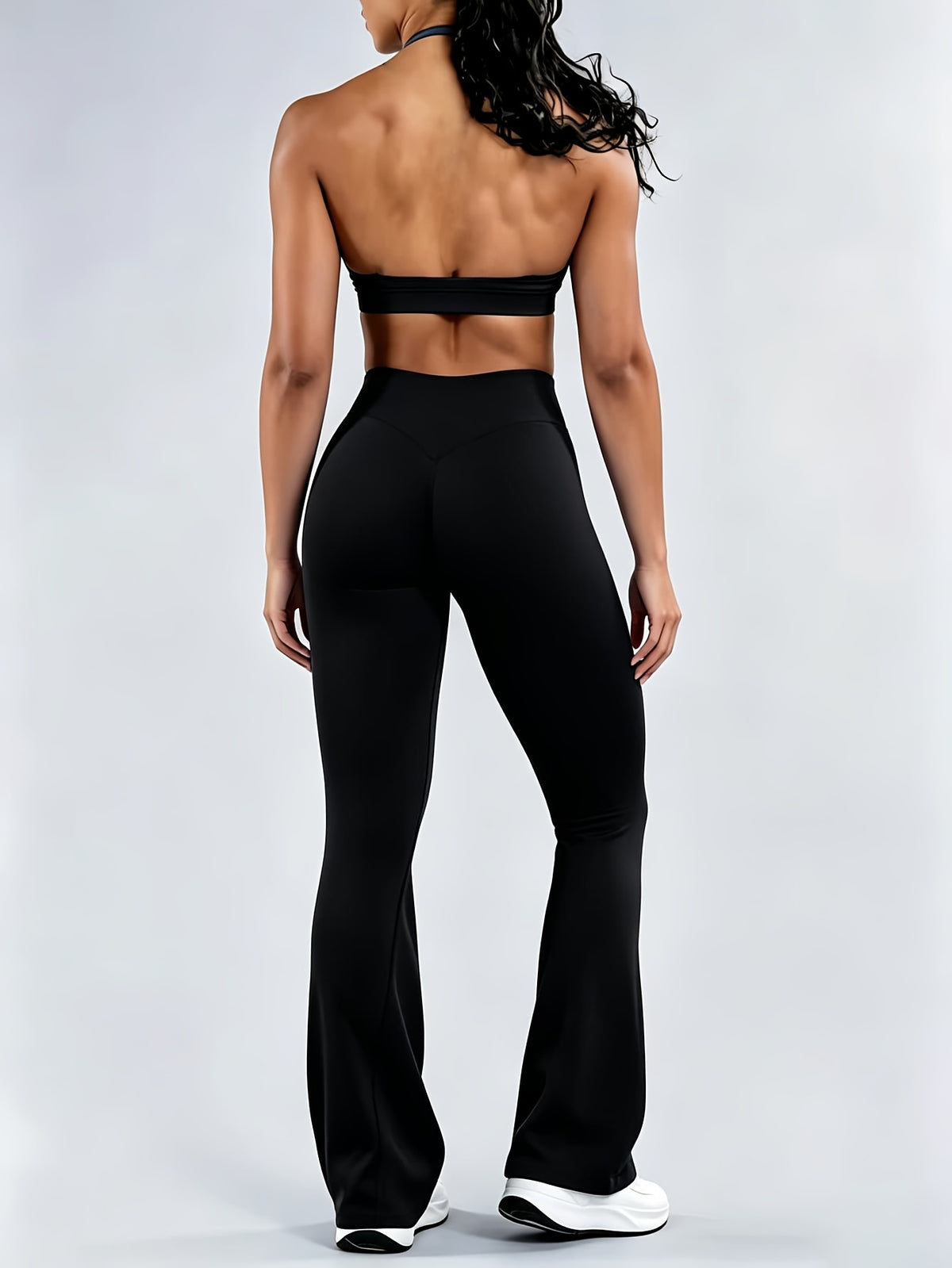 Seamless Halter Bra & Flare Pants Set - Black