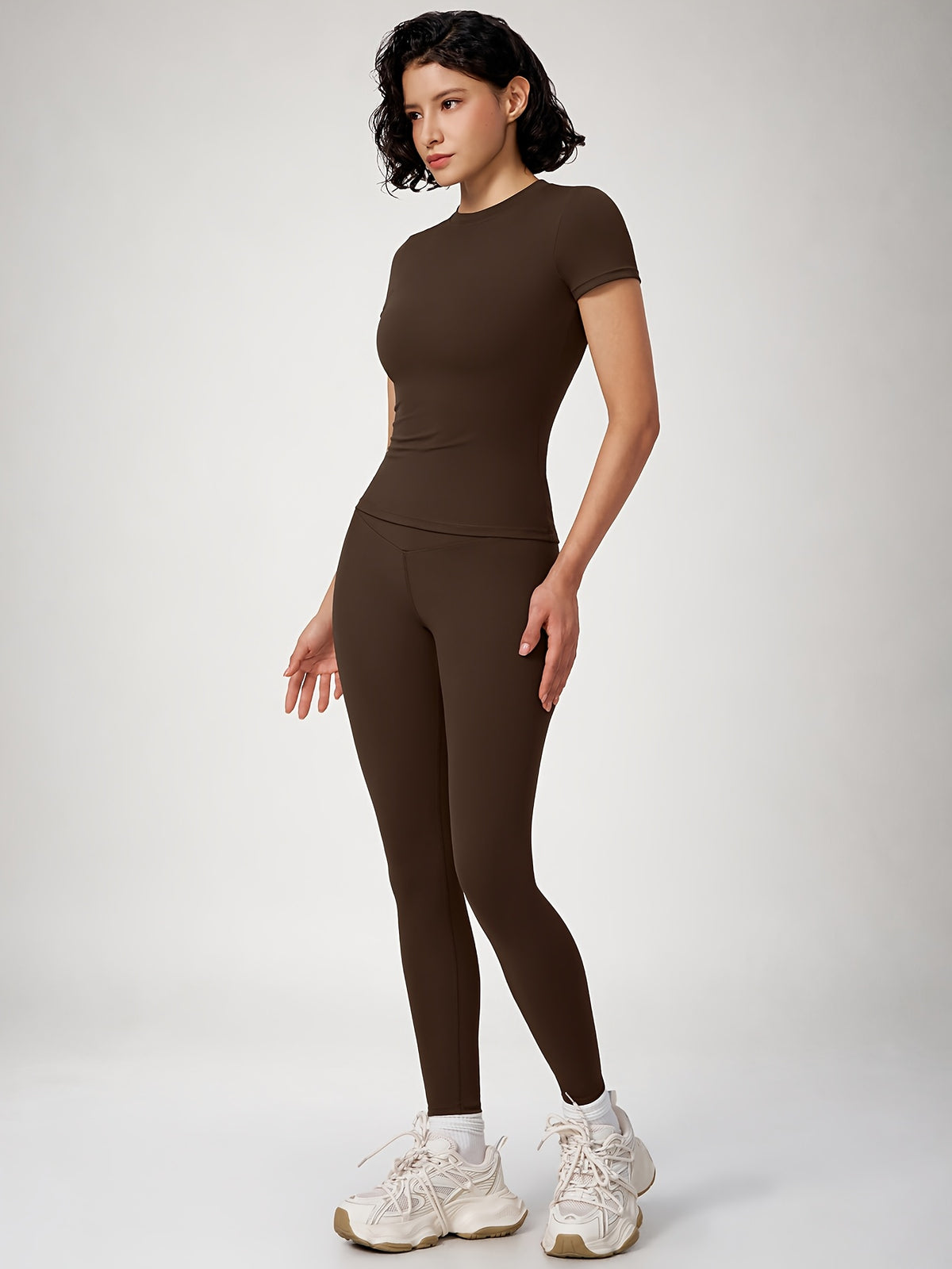 Crew Neck Crop Tee & Leggings Set - Espresso