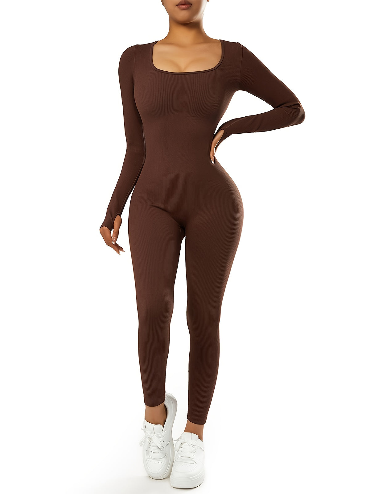Ribbed Long Sleeve Seamless Jumpsuit - Dark Brown