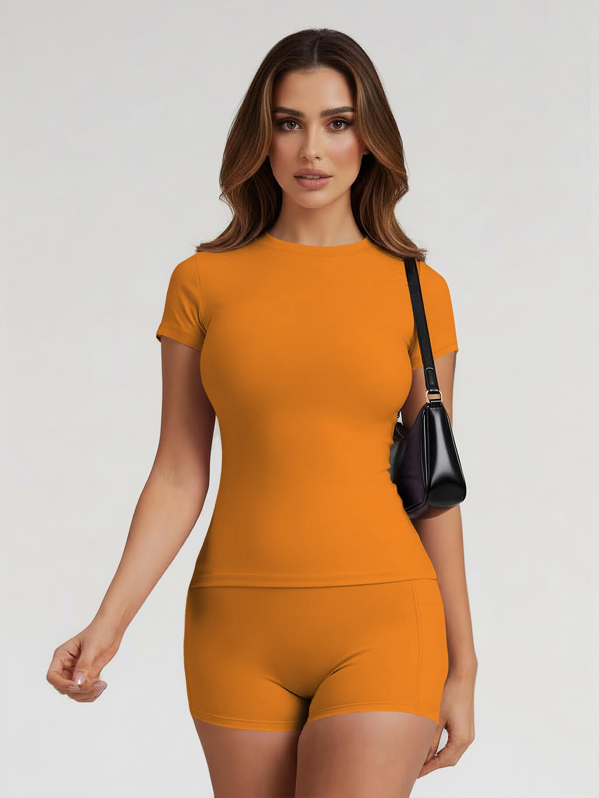 Tummy Control Top & Pocket Shorts Set - Orange