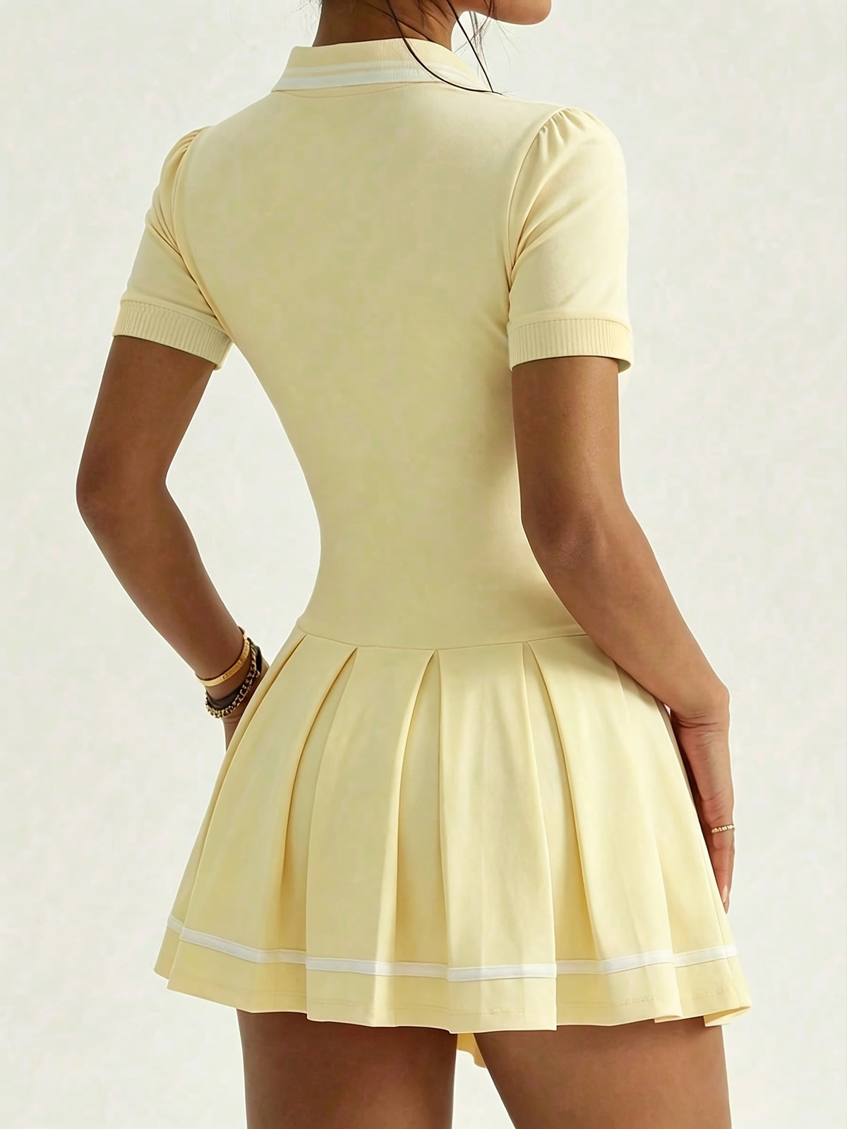 Polo Collar Pleated Tennis Dress - Light Yellow