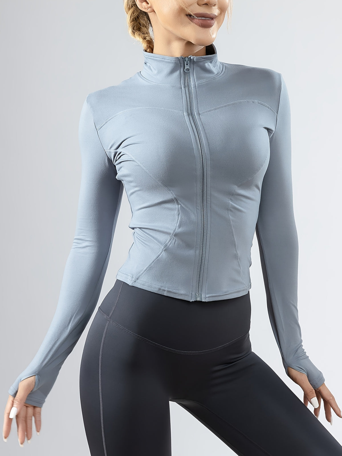 Slim Fit Cropped Zip Running Jacket - Light Blue
