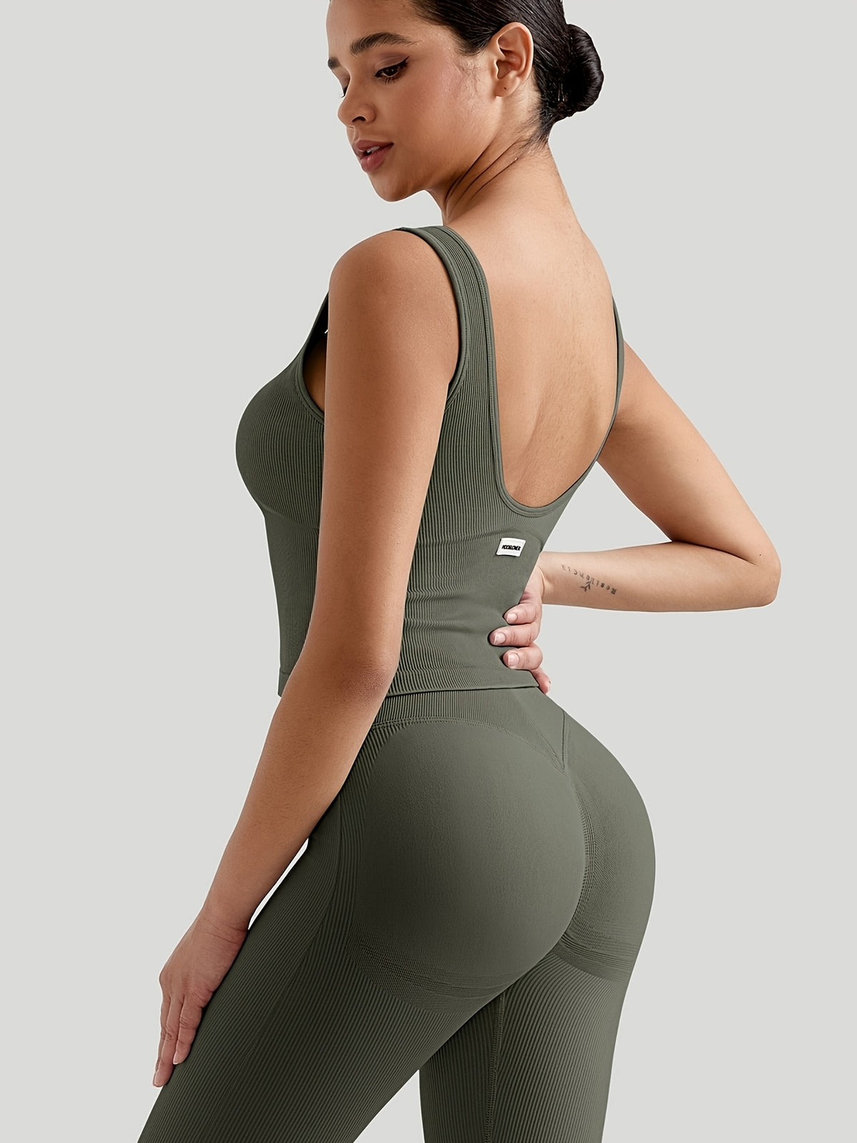 Ribbed V-Neck Tank & V-Waist Flare Set - Fern Green