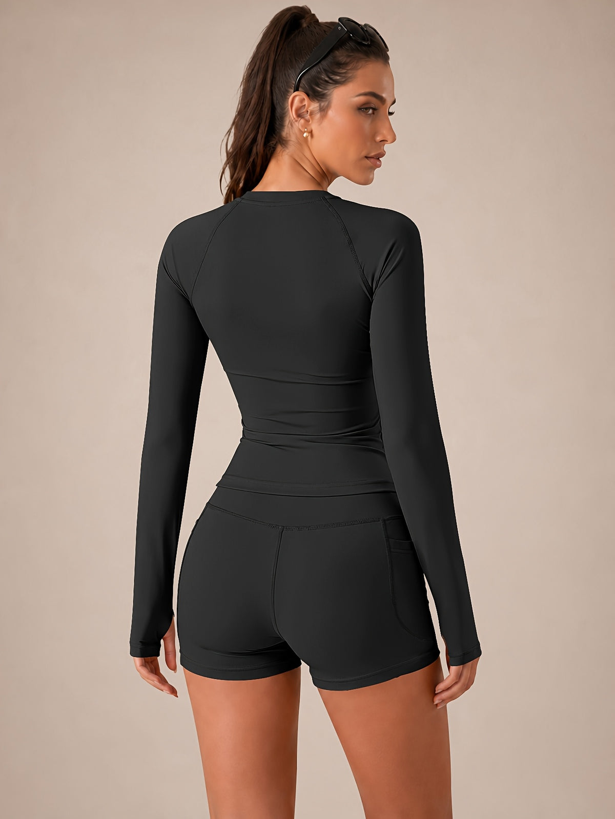 Raglan Thumbhole Top & Pocket Shorts Set - Black