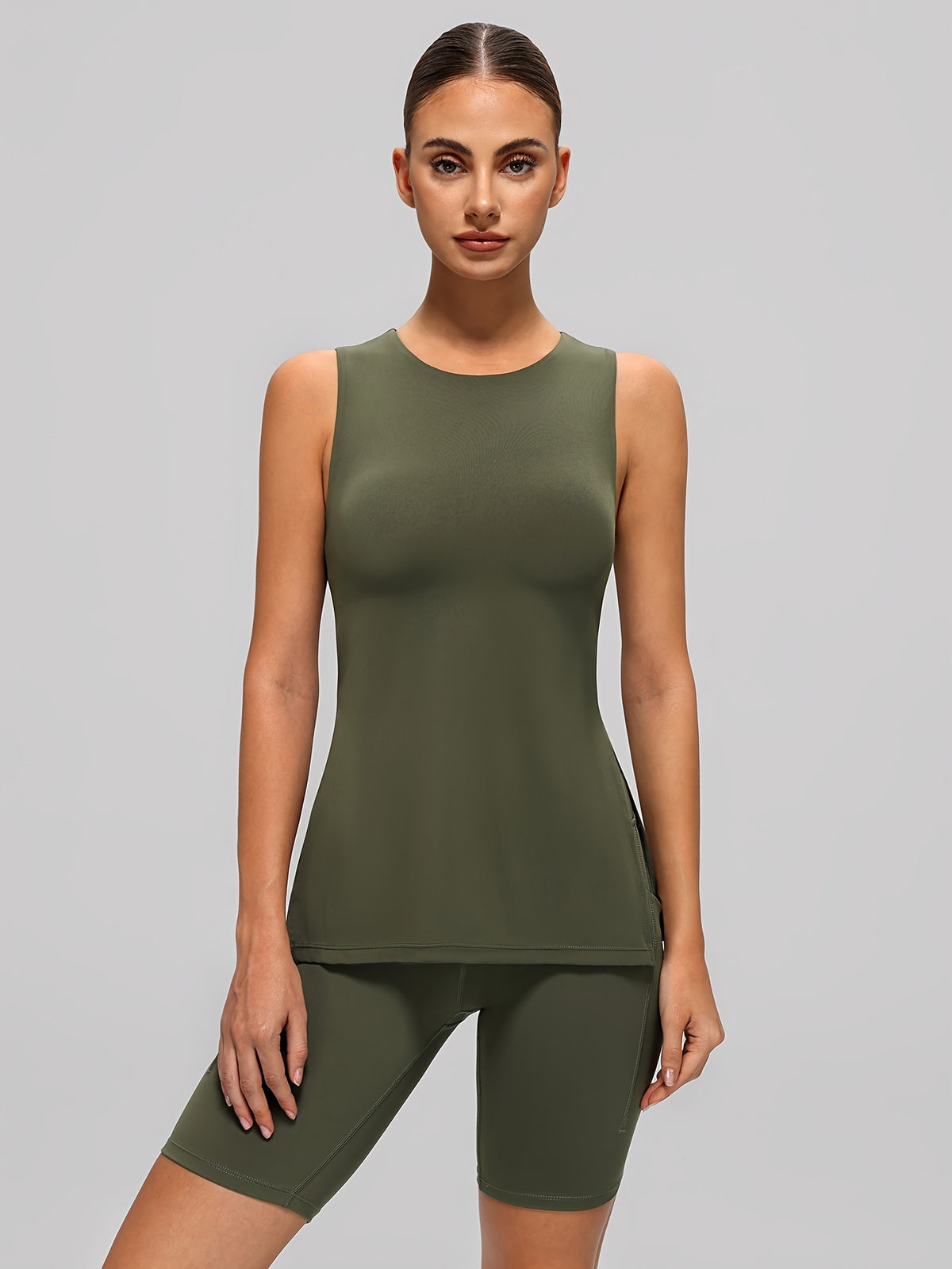 Side Slit Tank & Shorts Set - Olive Green