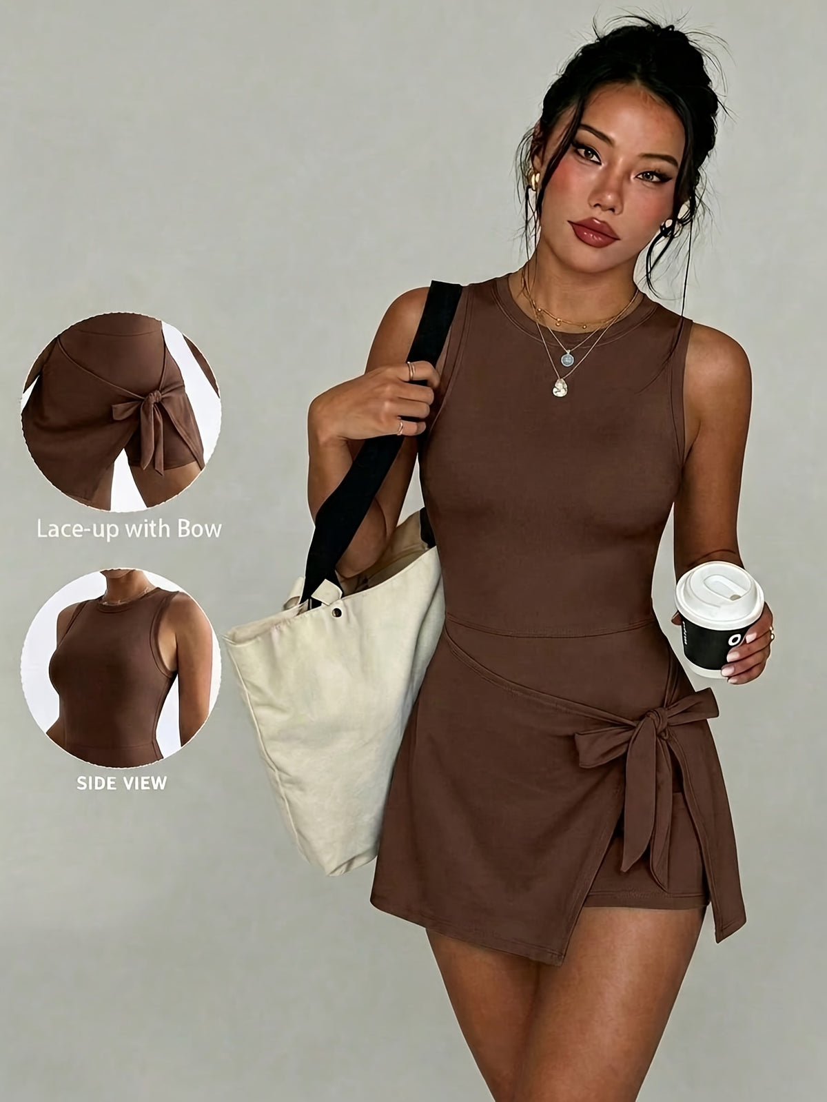 Side Knot Skort Dress - Coffee