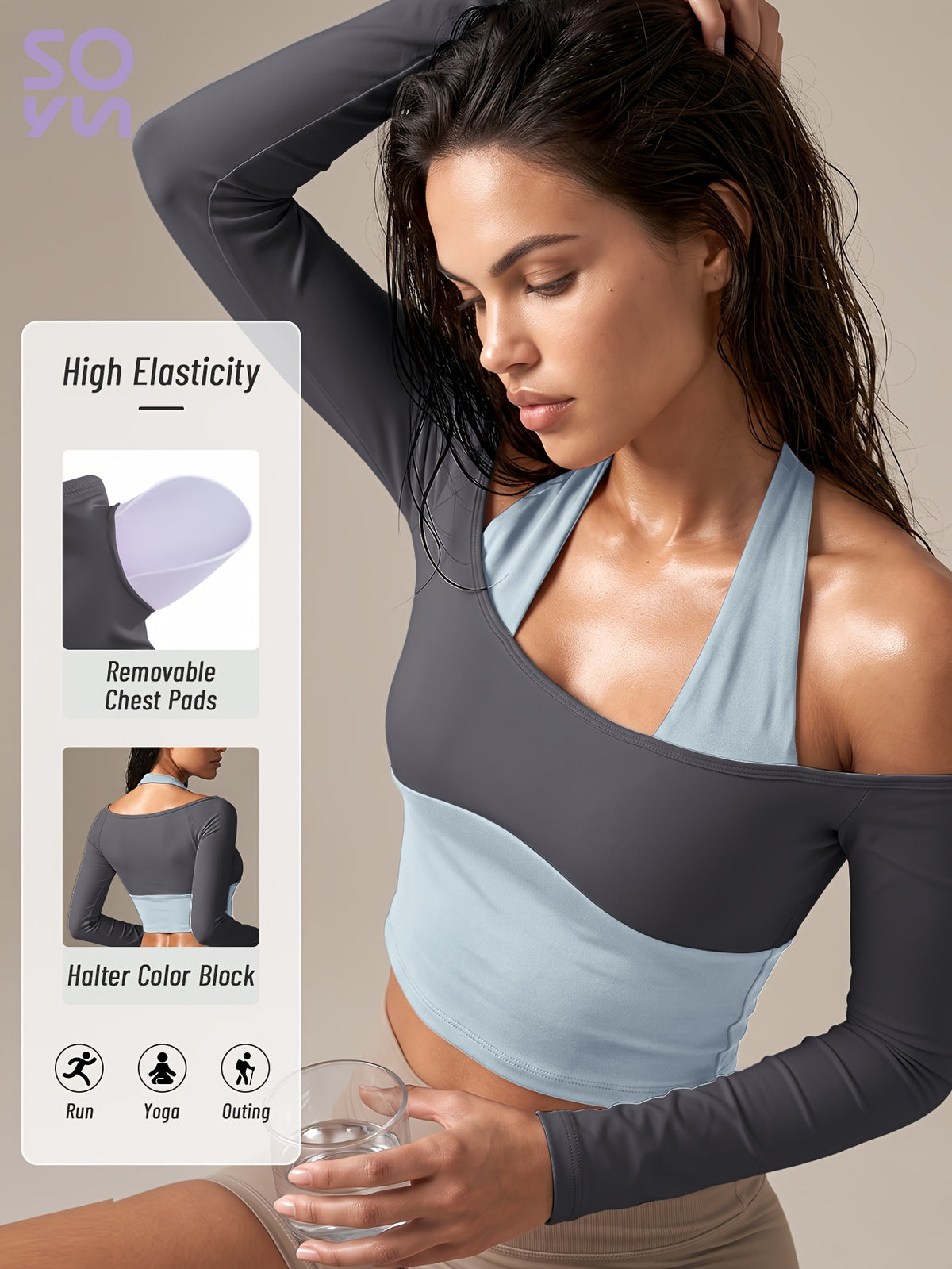 Faux Two-Piece Halter Color Block Top - Grey