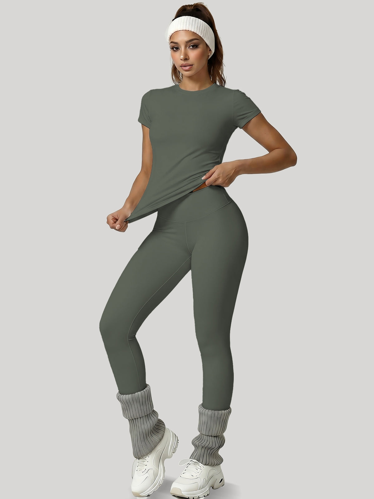 Round Neck Top & Tummy Tuck Leggings Set - Yellow Green