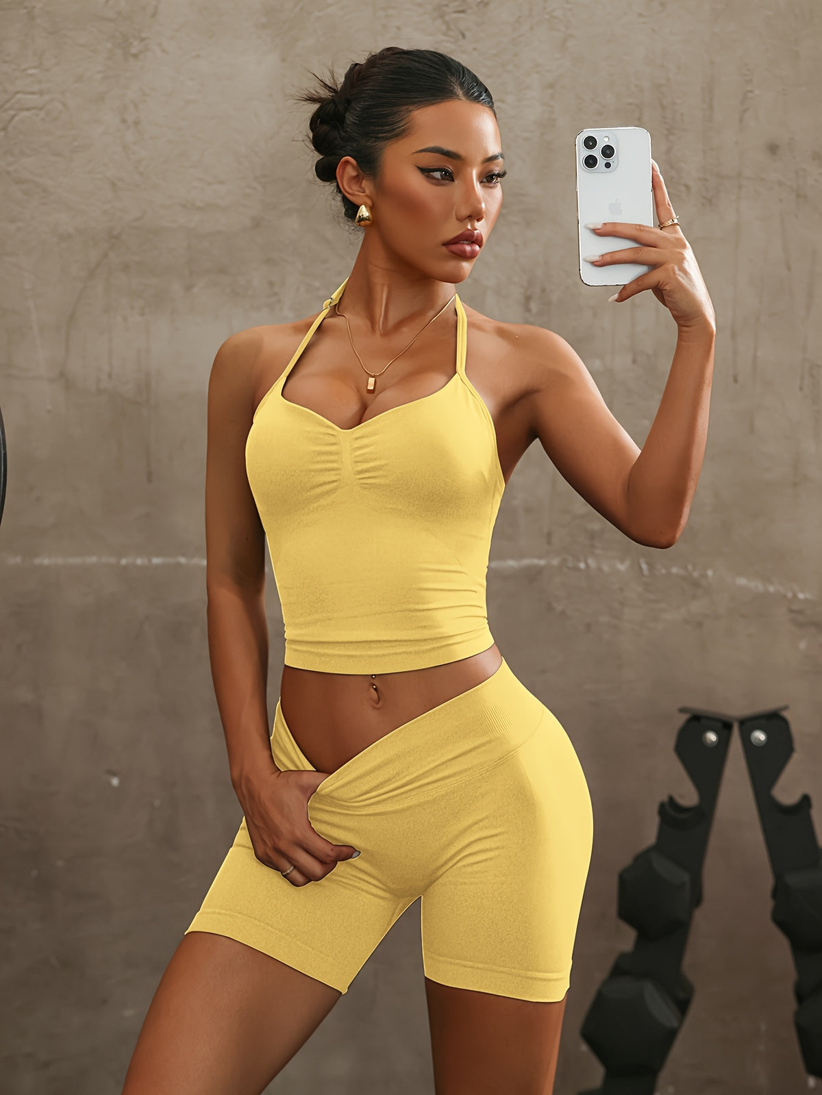Halter Open Back Vest & Shorts Set - Yellow
