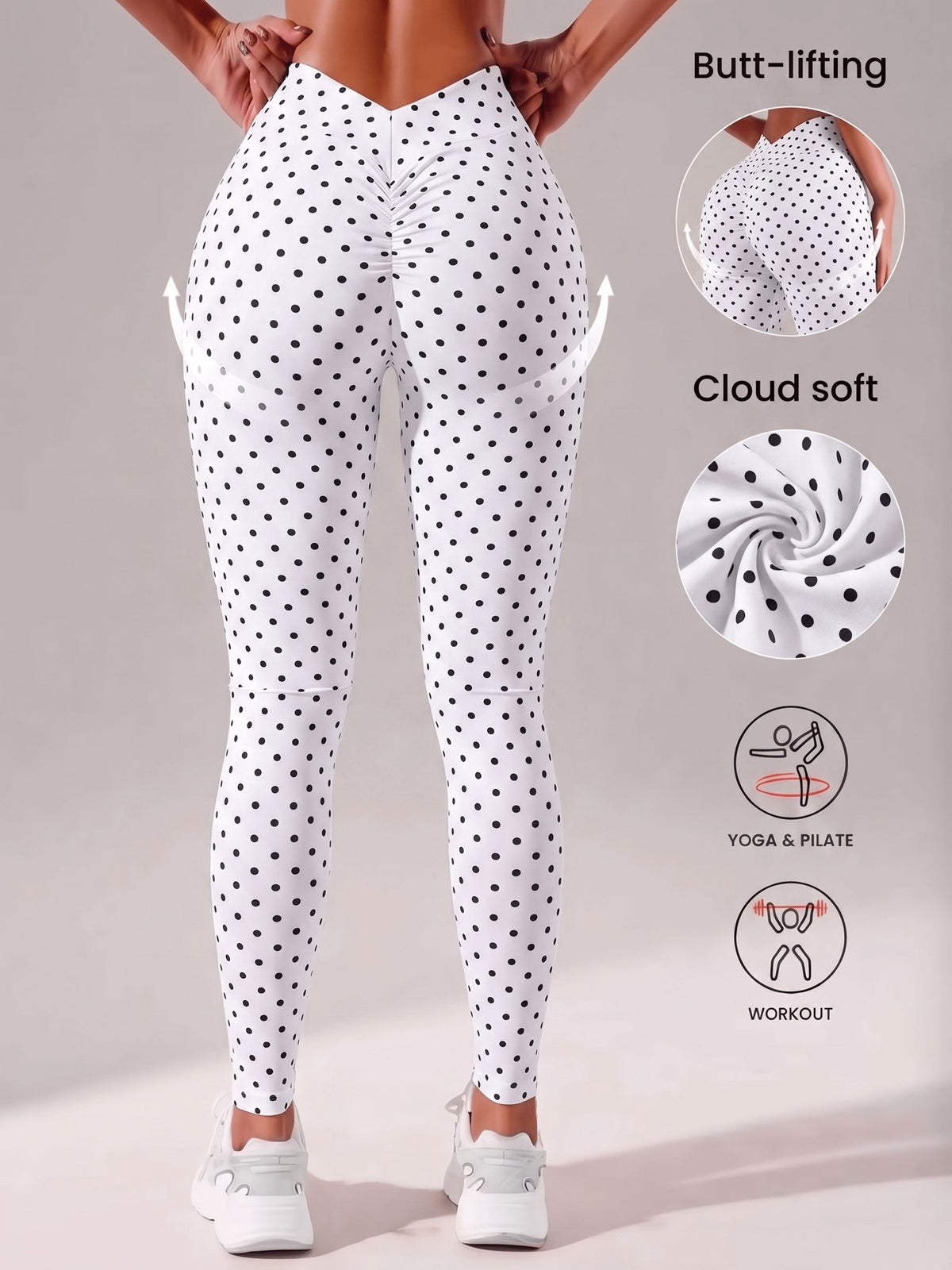 Polka Dot V Back Waist Leggings - Black Dots On White Background