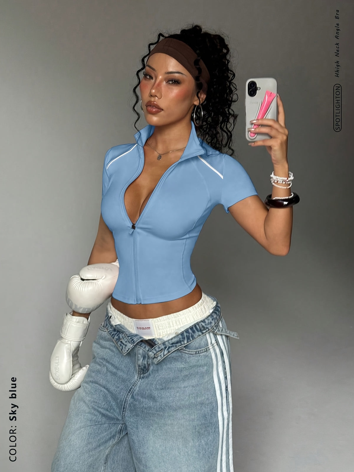 Short Sleeve Zip Top - Sky Blue