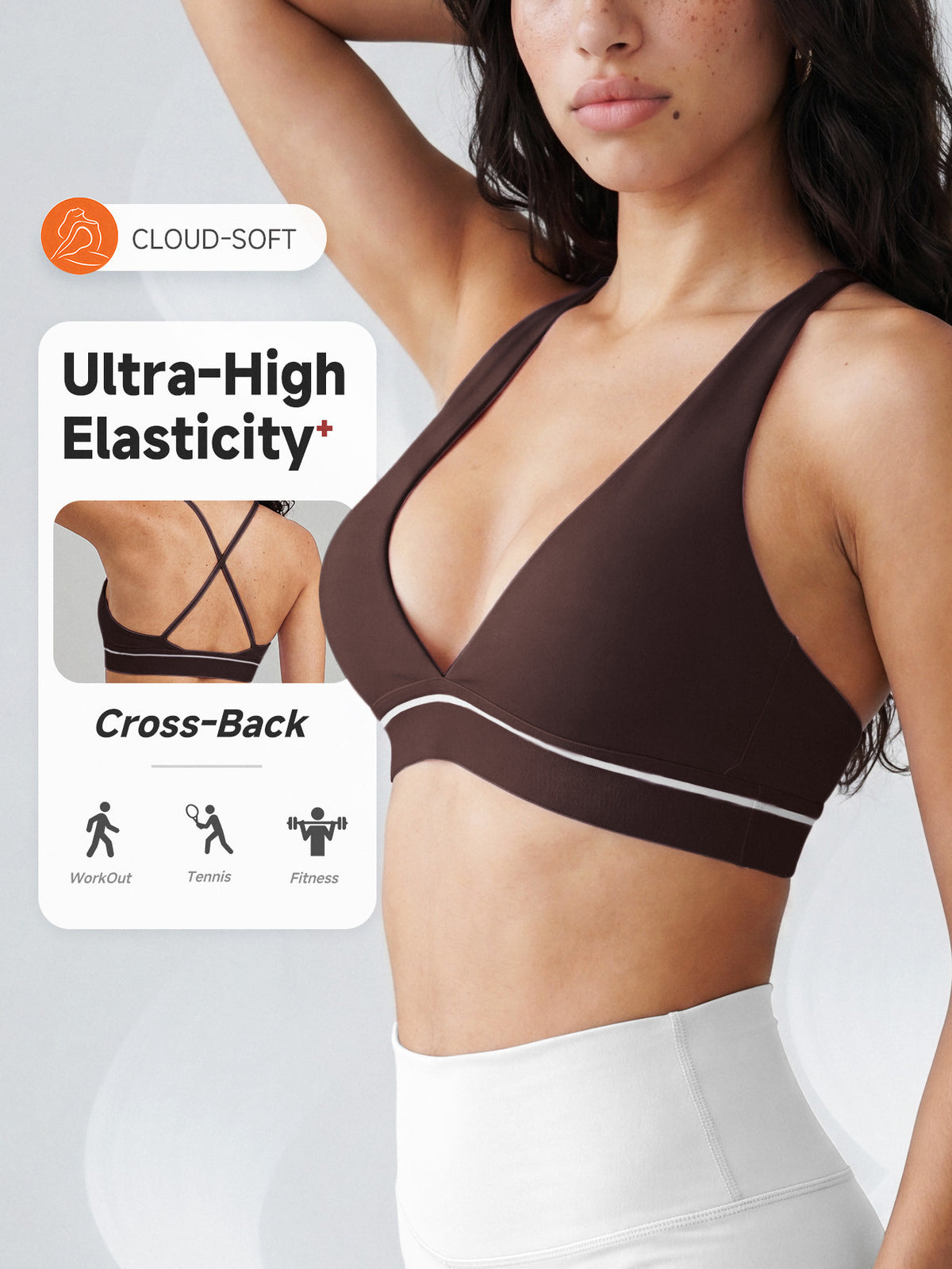 Contrast Trim Cross Back Bra - Coffee