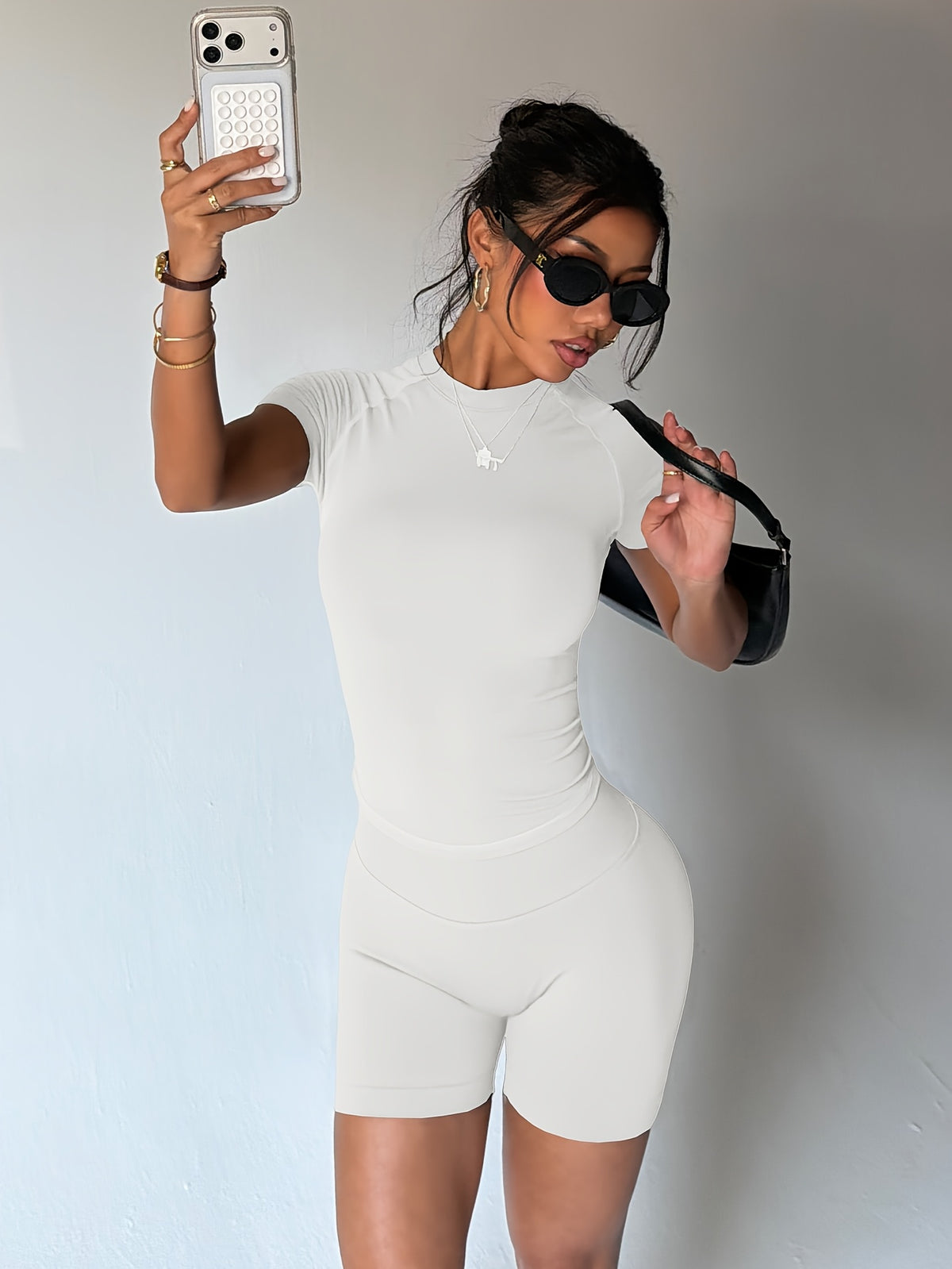 Fitted Short Sleeve Top & Shorts Set - White