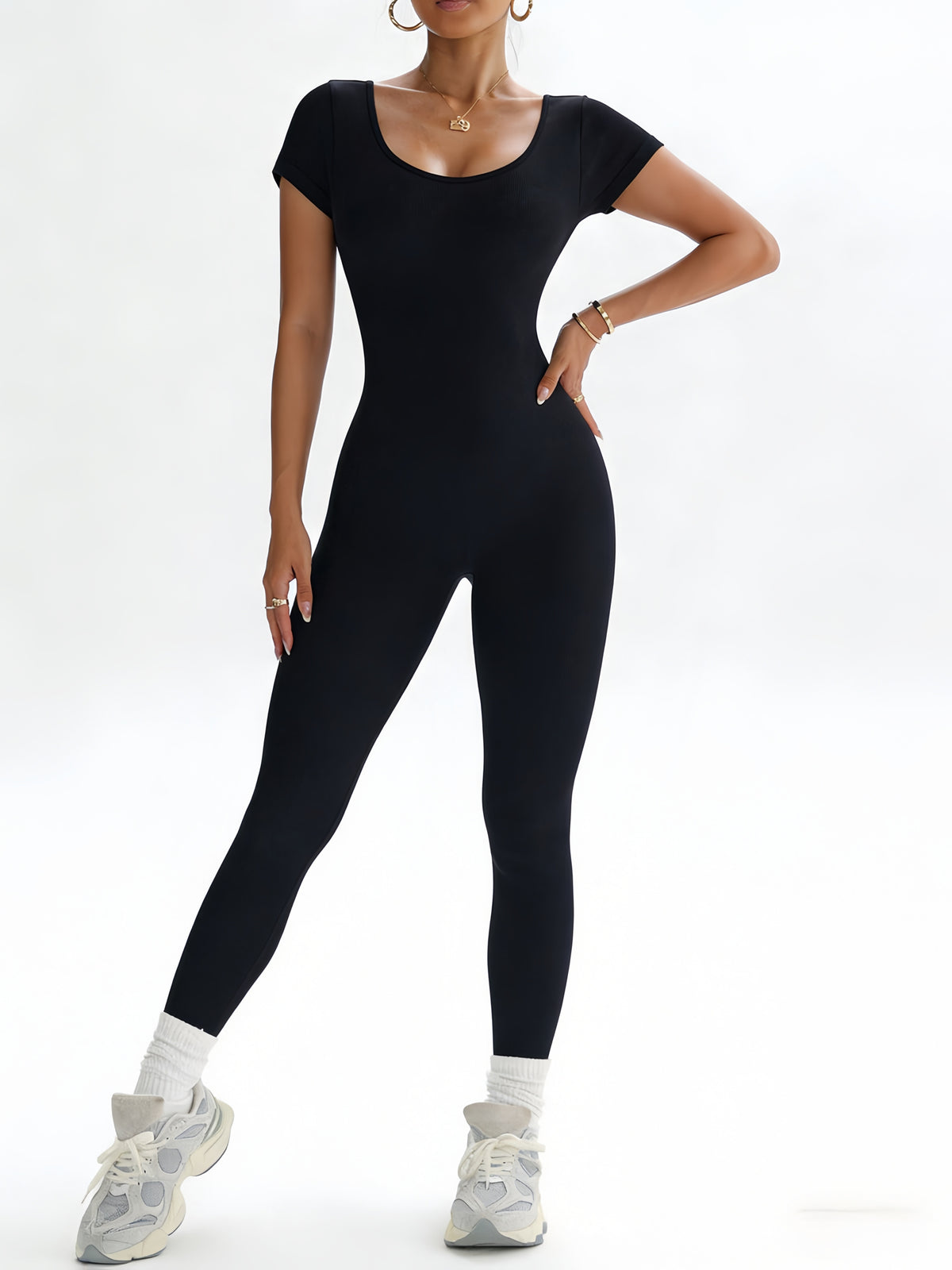 Open Back Short Sleeve Jumpsuit - Black