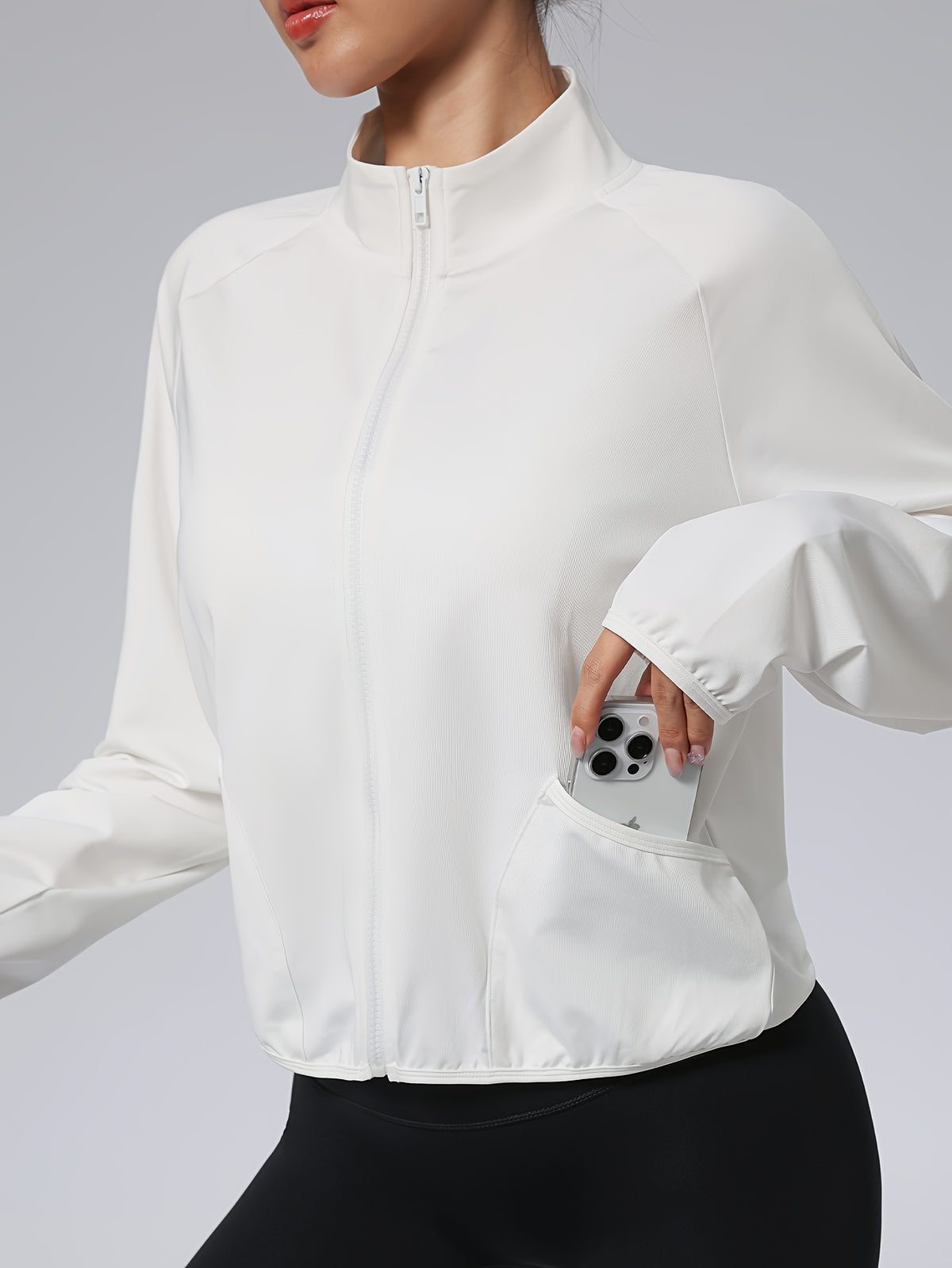 Short Stand Collar Pocket Zip Jacket - White