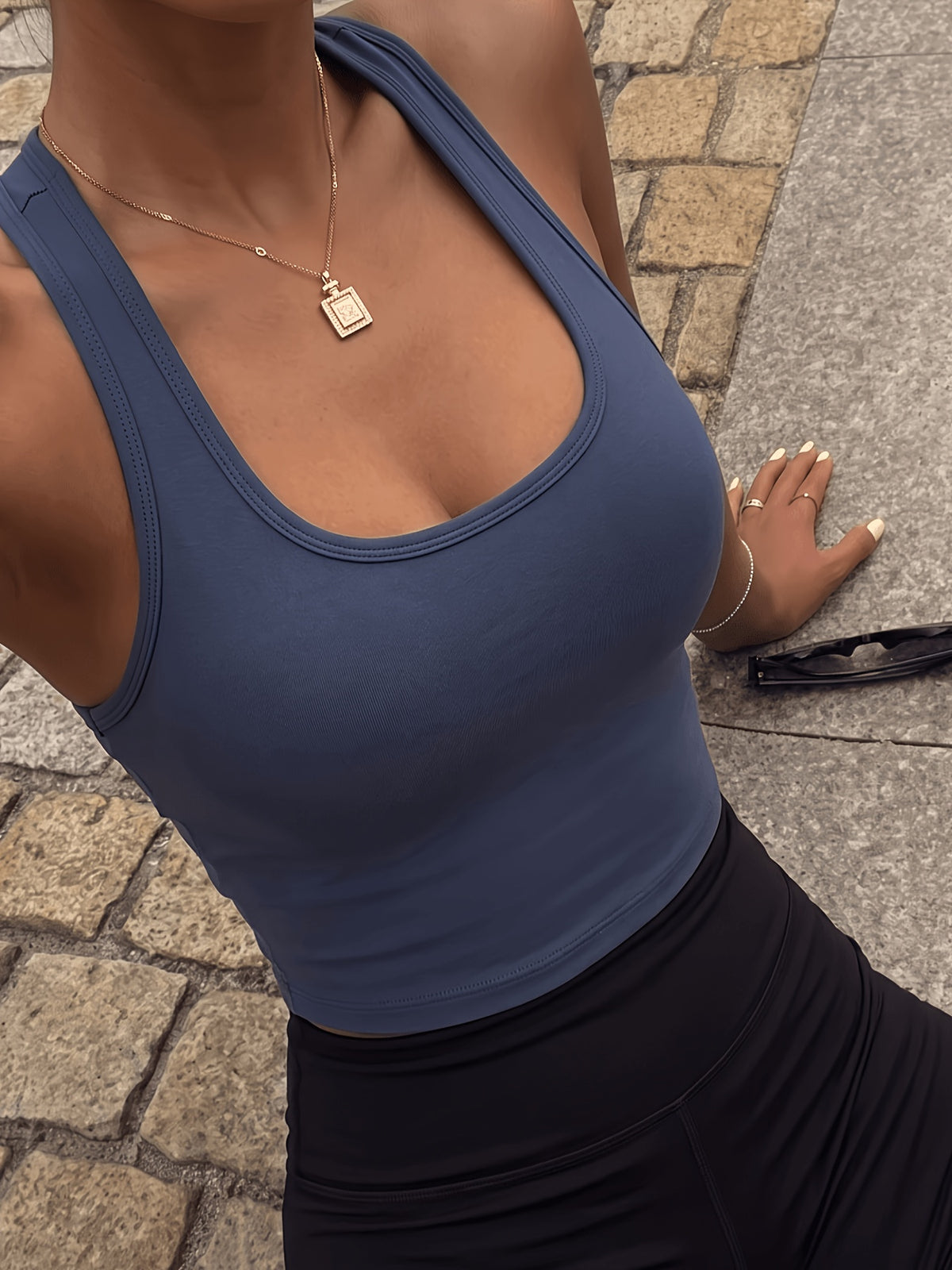 Cross Back Padded Tank Top - Navy