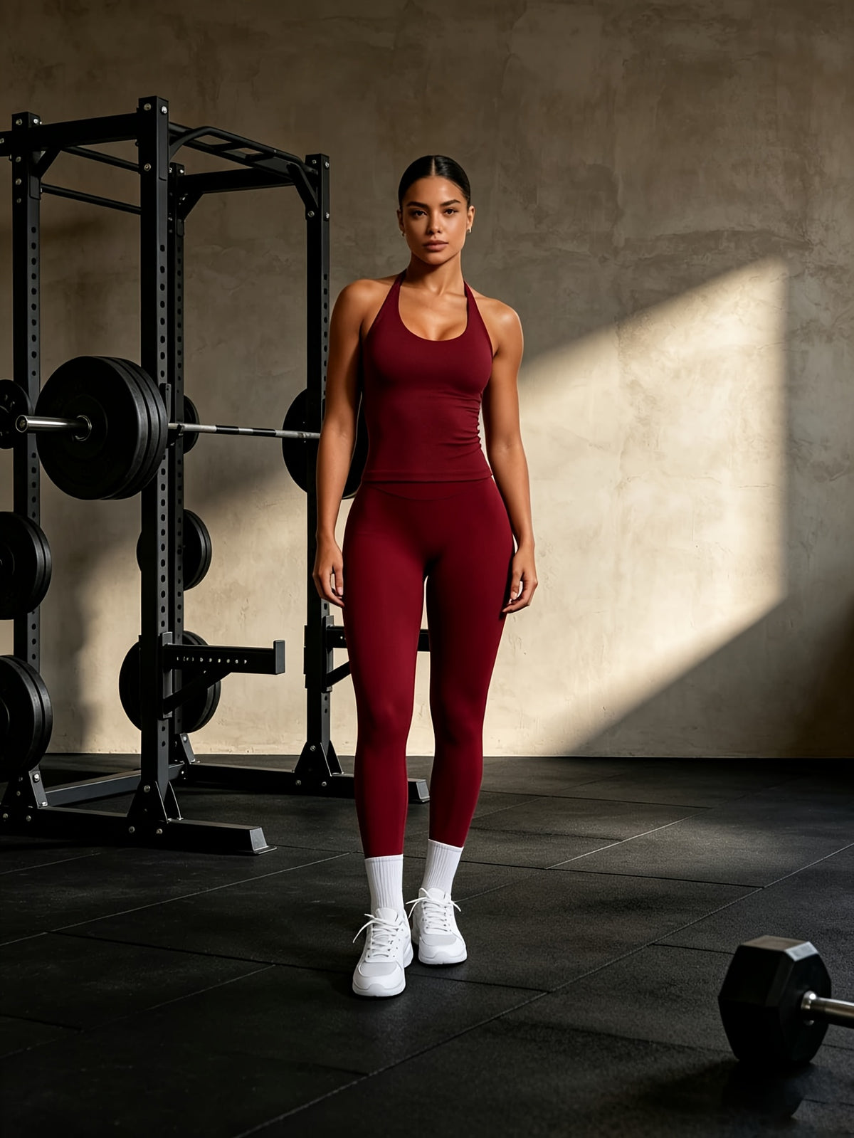 Backless Top & Tight Yoga Pants Set - Burgundy
