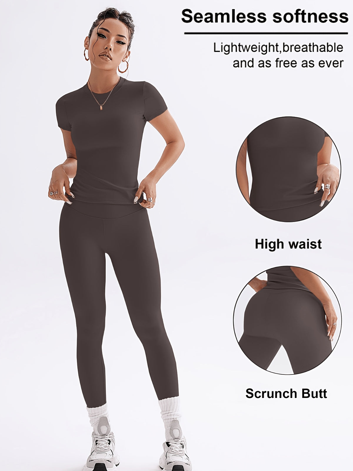 Cropped Tee & Leggings Set - Coffee