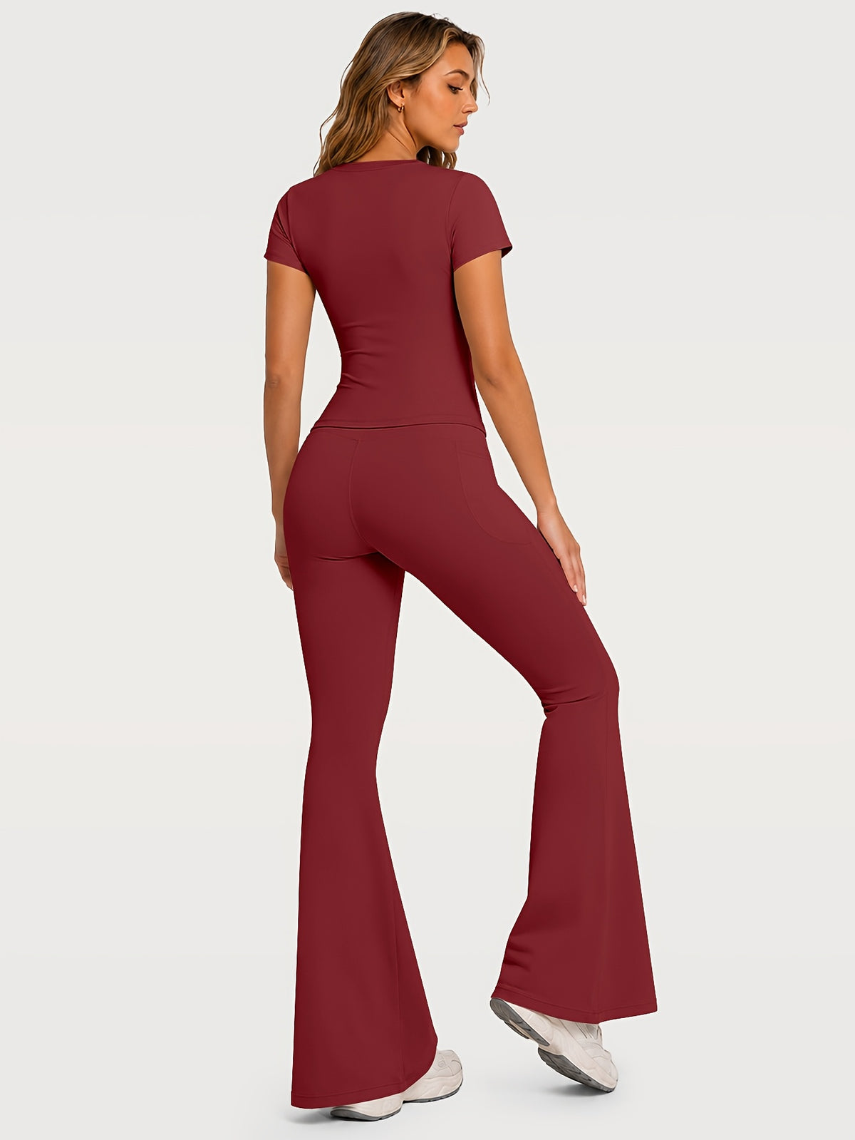 Fitted Tee & Flare Pants Set - Burgundy
