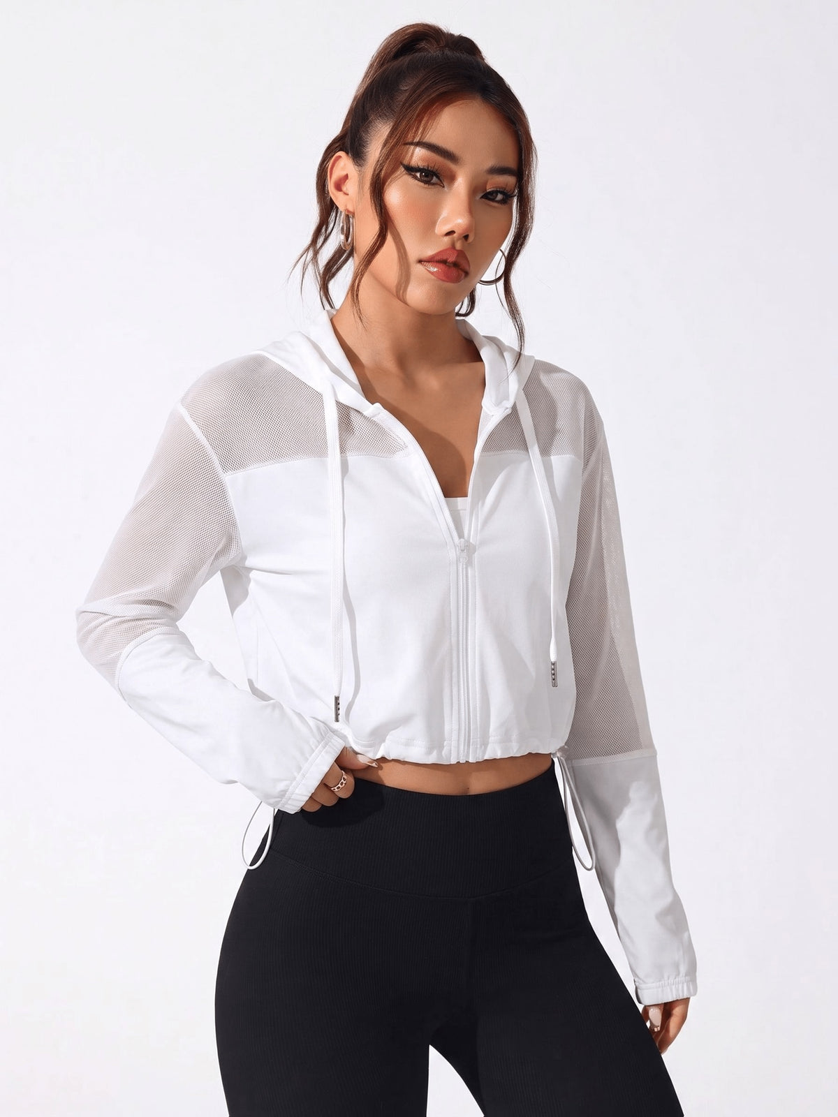 Mesh Patchwork Zip Up Hoodie - White