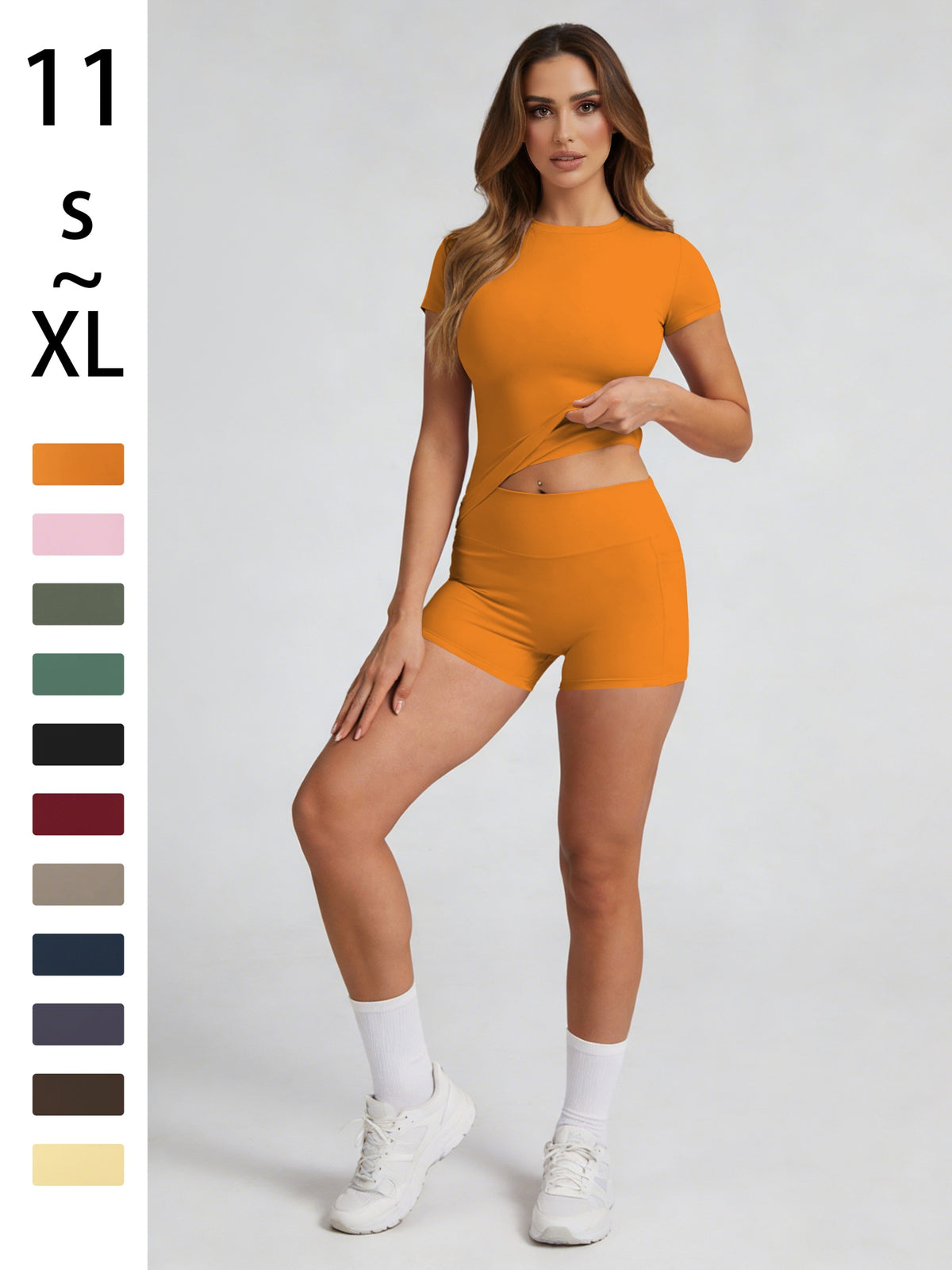 Tummy Control Top & Pocket Shorts Set - Orange