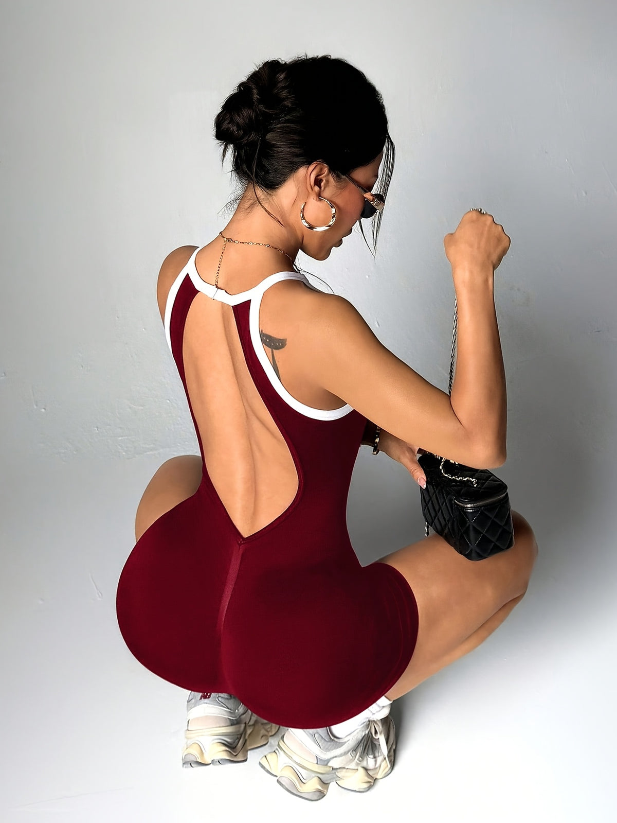 High Neck Open Back Romper - Burgundy