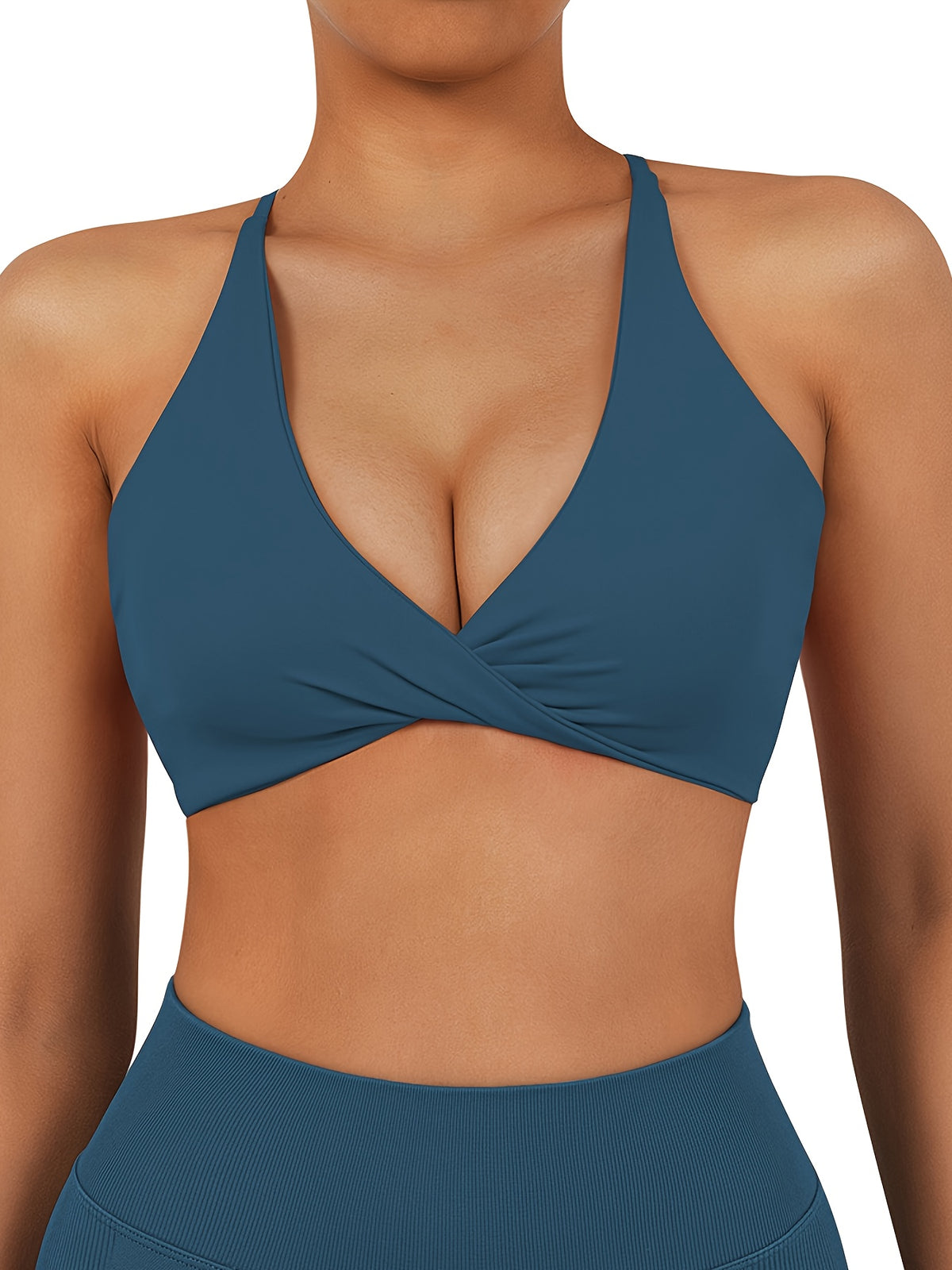 V-Neck Strap Back Padded Sports Bra - Navy