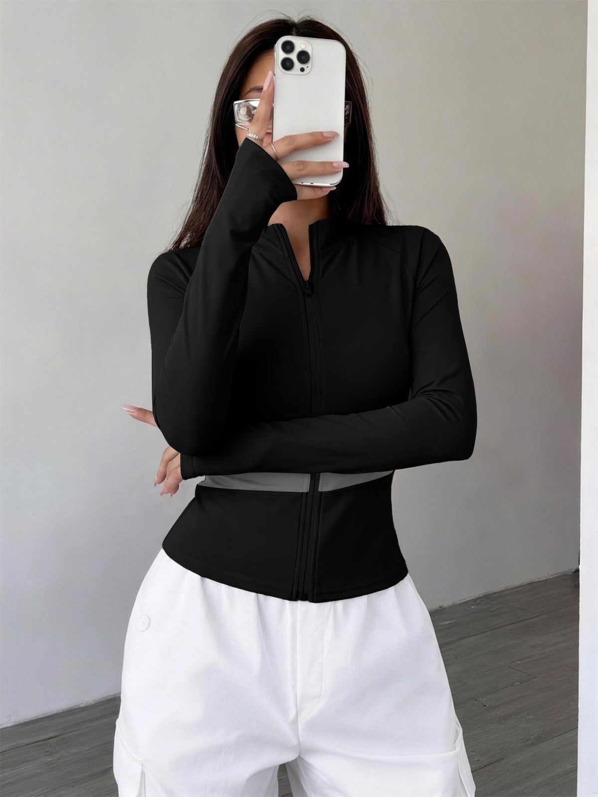 Spliced Full Zip Thumb Loop Top - Black