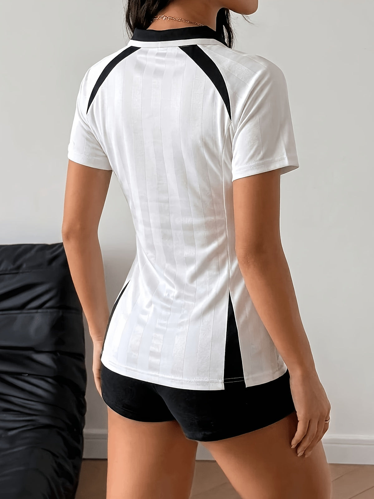 Contrast V Neck Sports Tee - White & Black