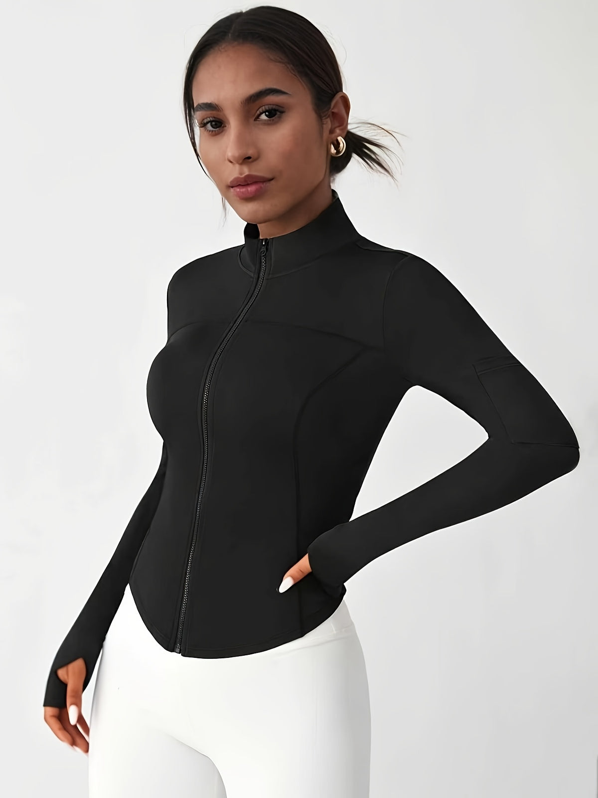 Stand Collar Curved Hem Zip Jacket - Black