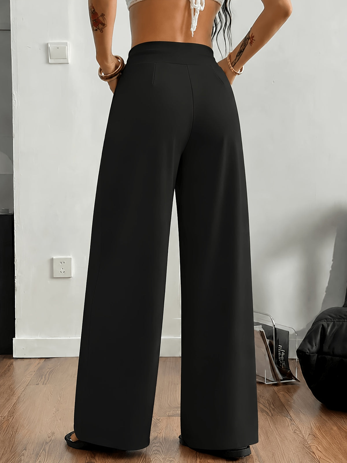 Front Pleated Wide Leg Palazzo Pants - Black