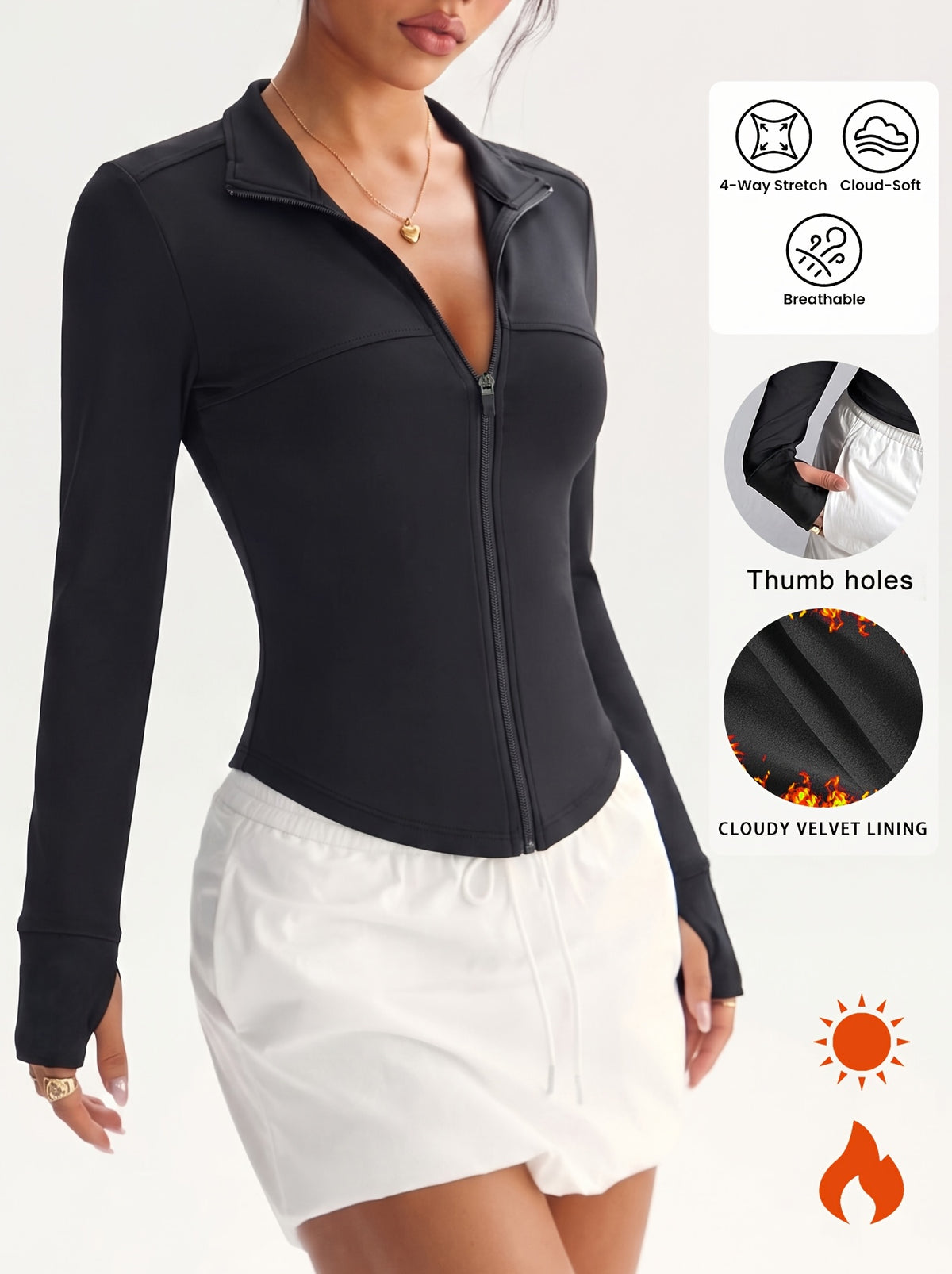 Fleece Lined Thumbhole Zip Jacket - Black