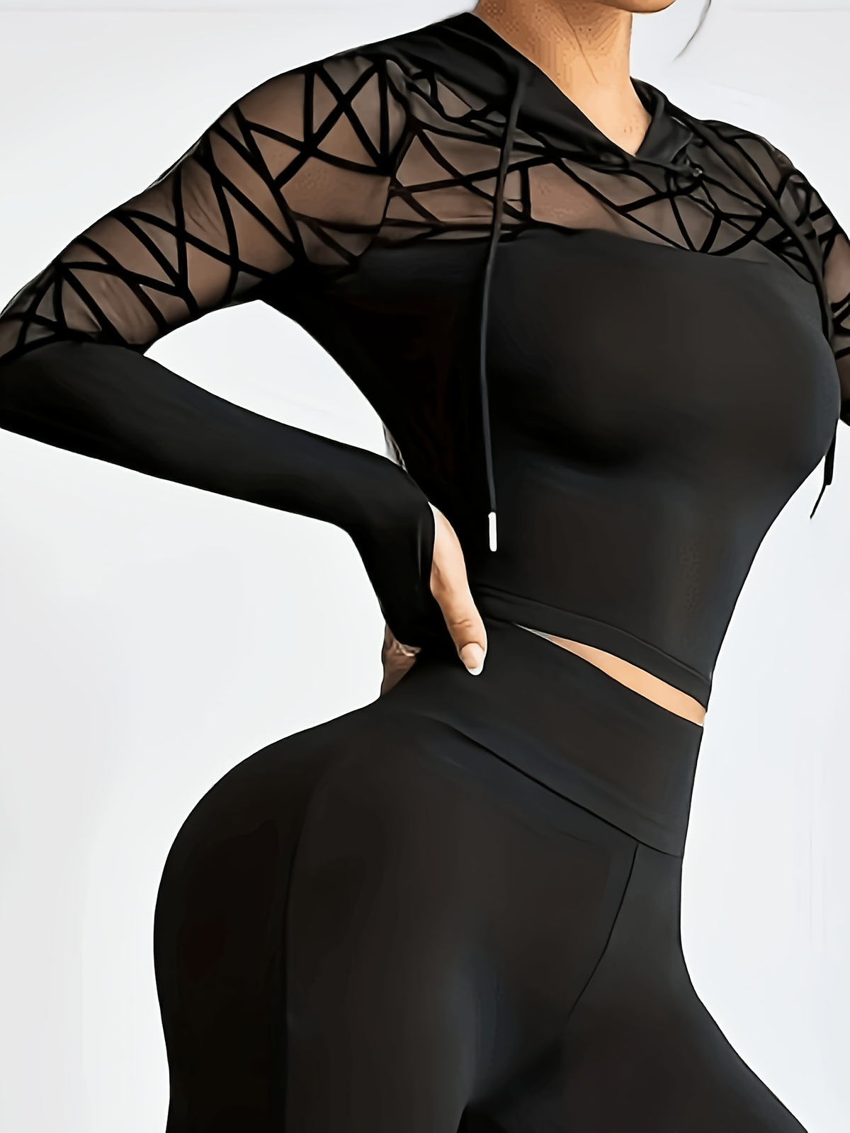Mesh Panel Cropped Hoodie - Black