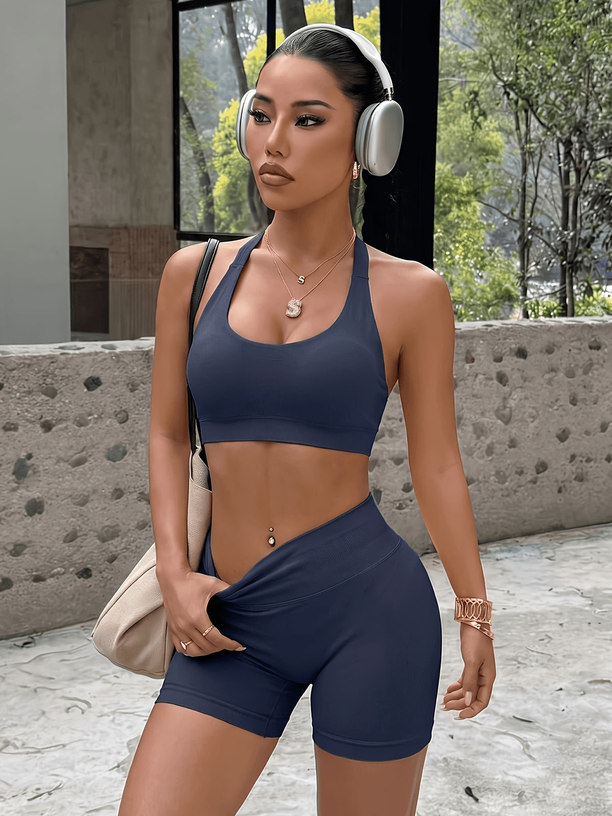 Halter U Neck Bra & Shorts Set - Navy